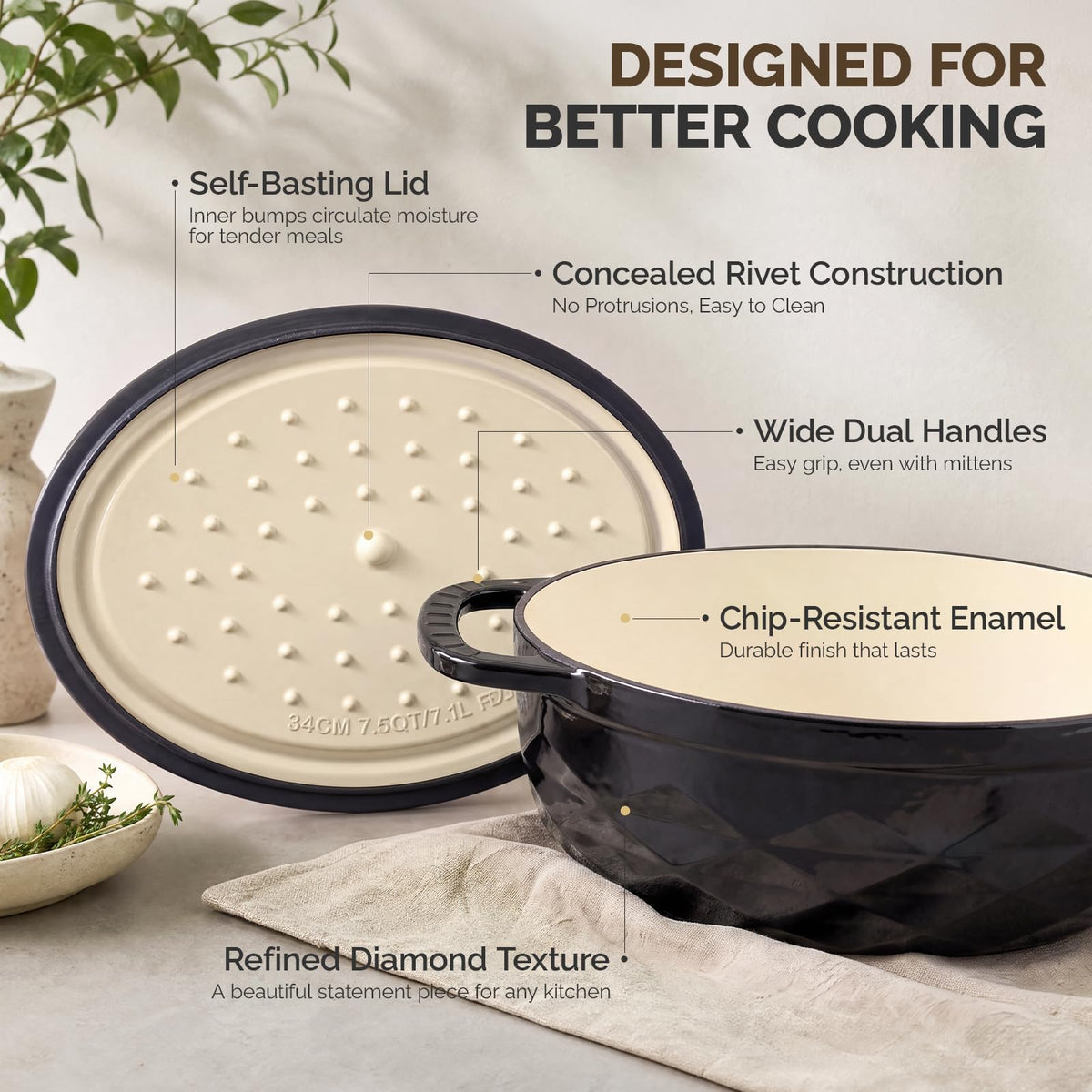 ROVSUN 7.5 QT Oval Enameled Cast Iron Dutch Oven Pot Black