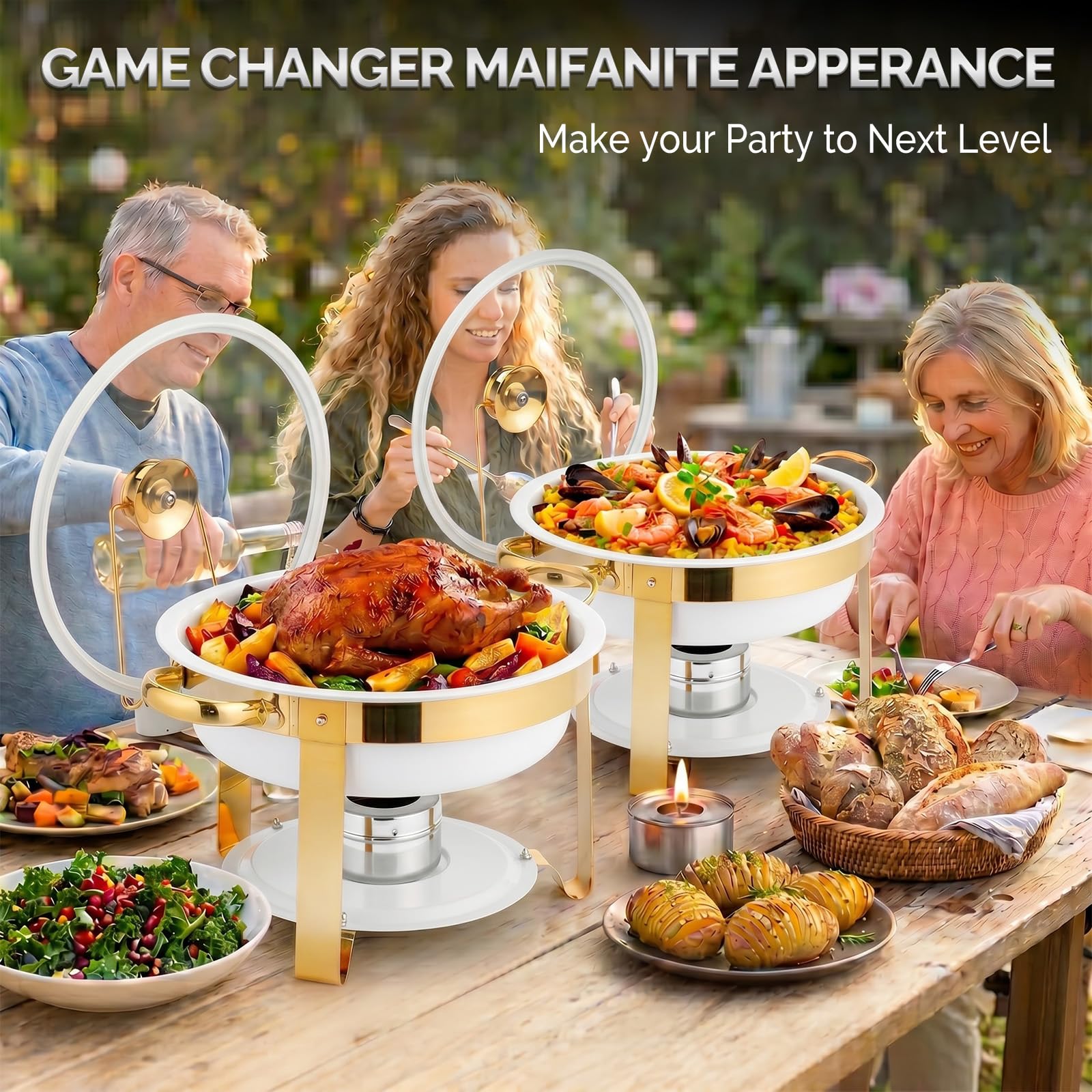 ROVSUN 5 QT Round White-Gold Chafing Dish Buffet Set with Lid Holder