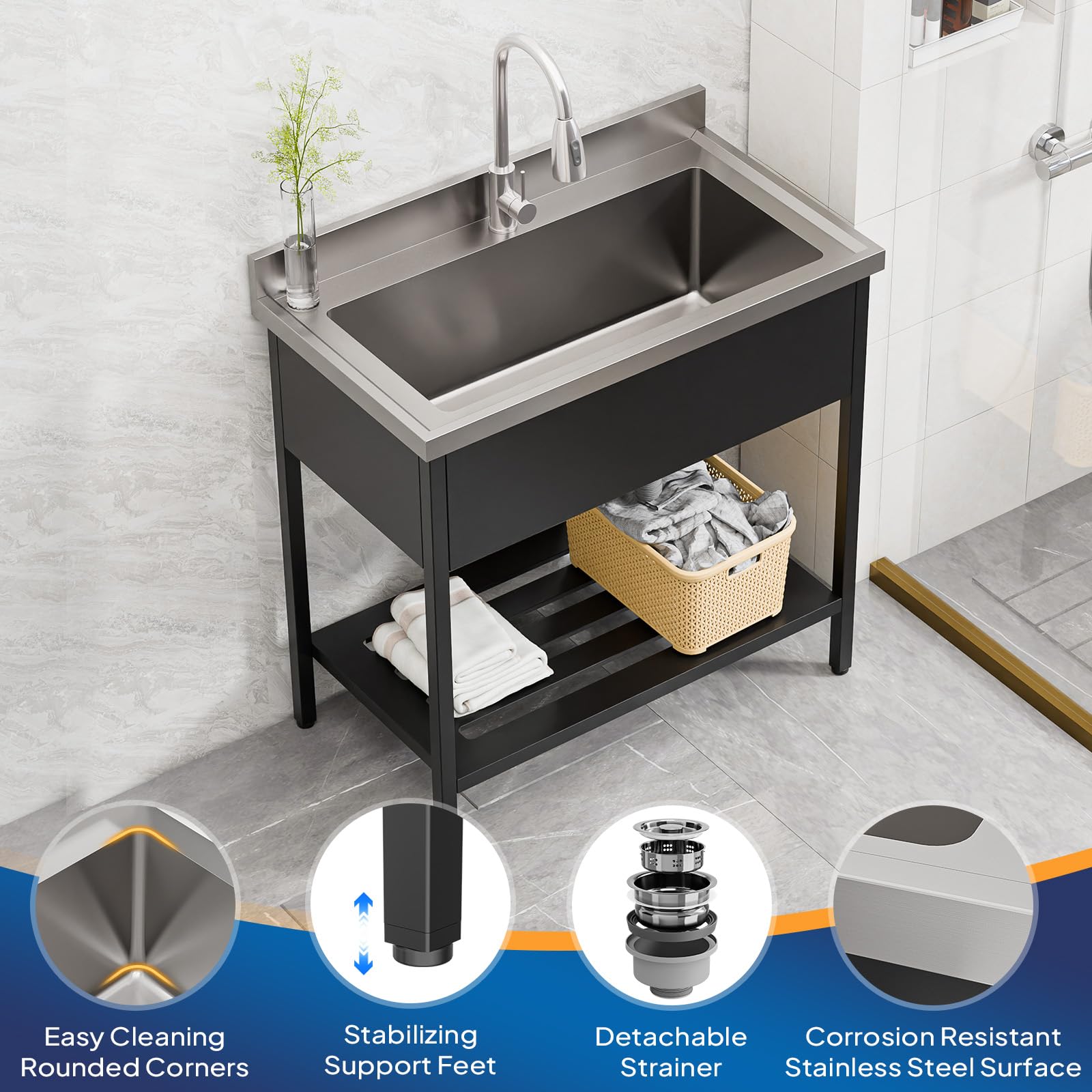 ROVSUN 36" x 20" Stainless Steel Utility Sink with Faucet & Draining Rack