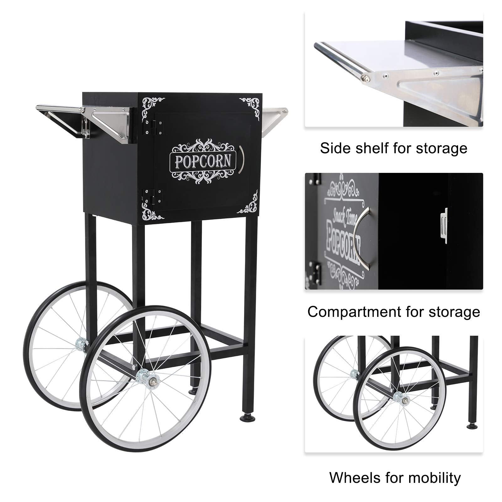 ROVSUN 8 oz. Kettle 850W 120V Popcorn Machine Maker Cart on Wheels Black