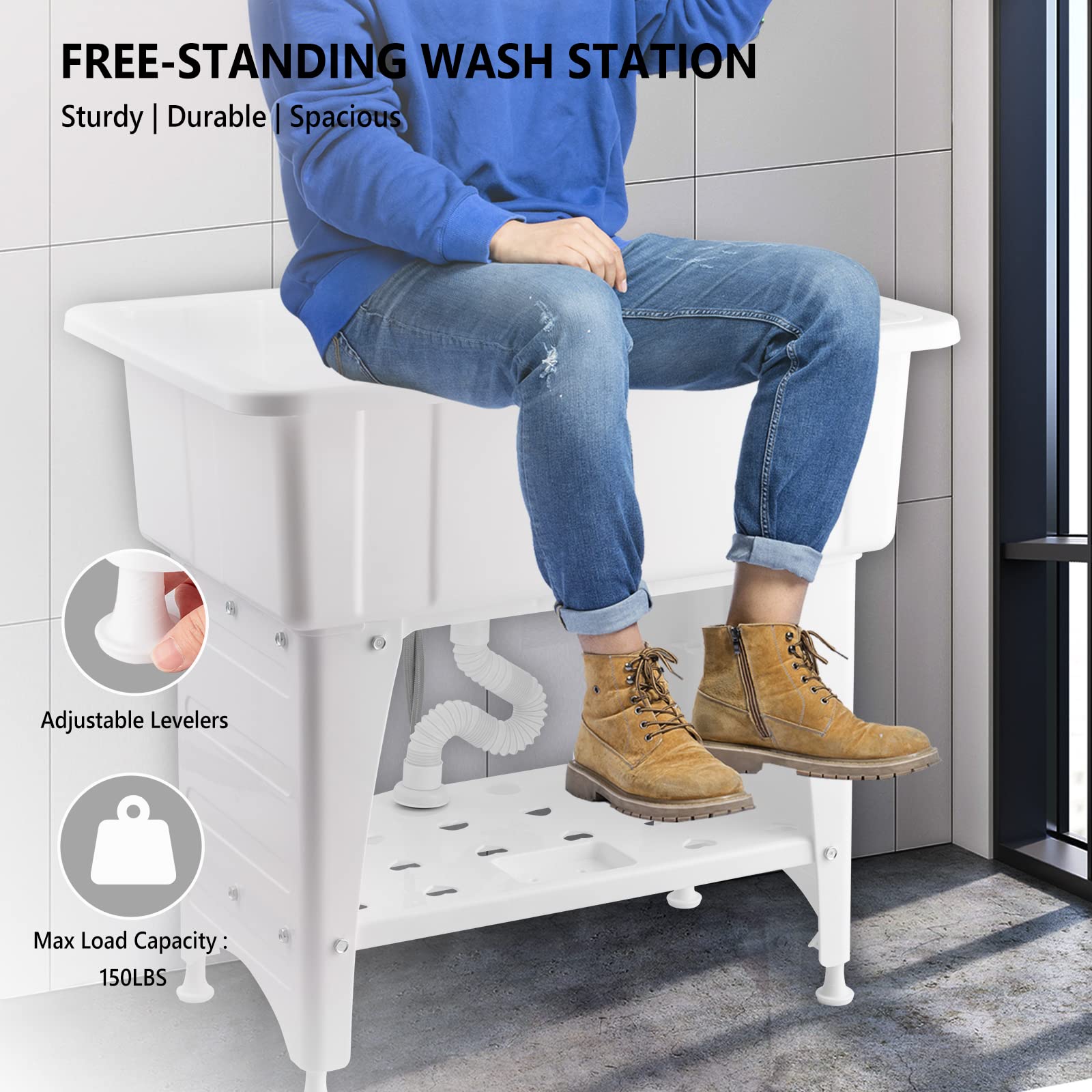 ROVSUN 32" x 22" Utility Sink Laundry Tub with Faucet & Shelf & Drainboard White