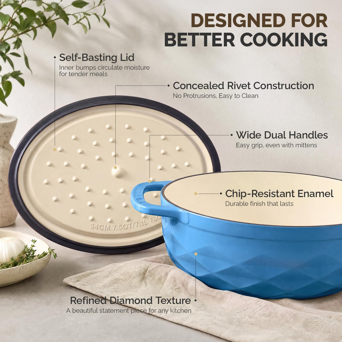 ROVSUN 7.5 QT Oval Enameled Cast Iron Dutch Oven Pot Blue