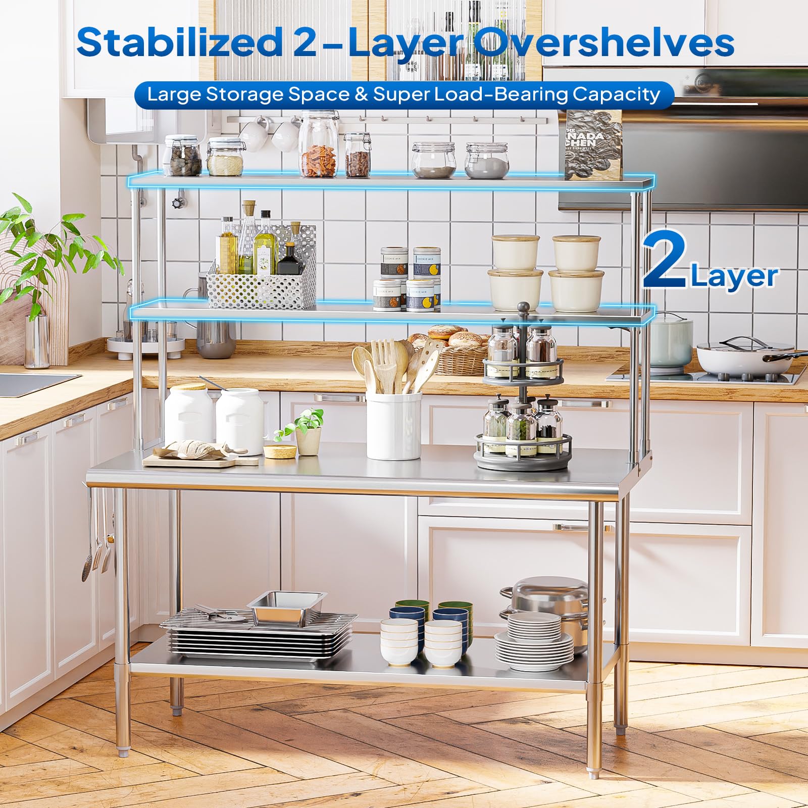 ROVSUN 60" X 30" Stainless Steel Table with Overshelves