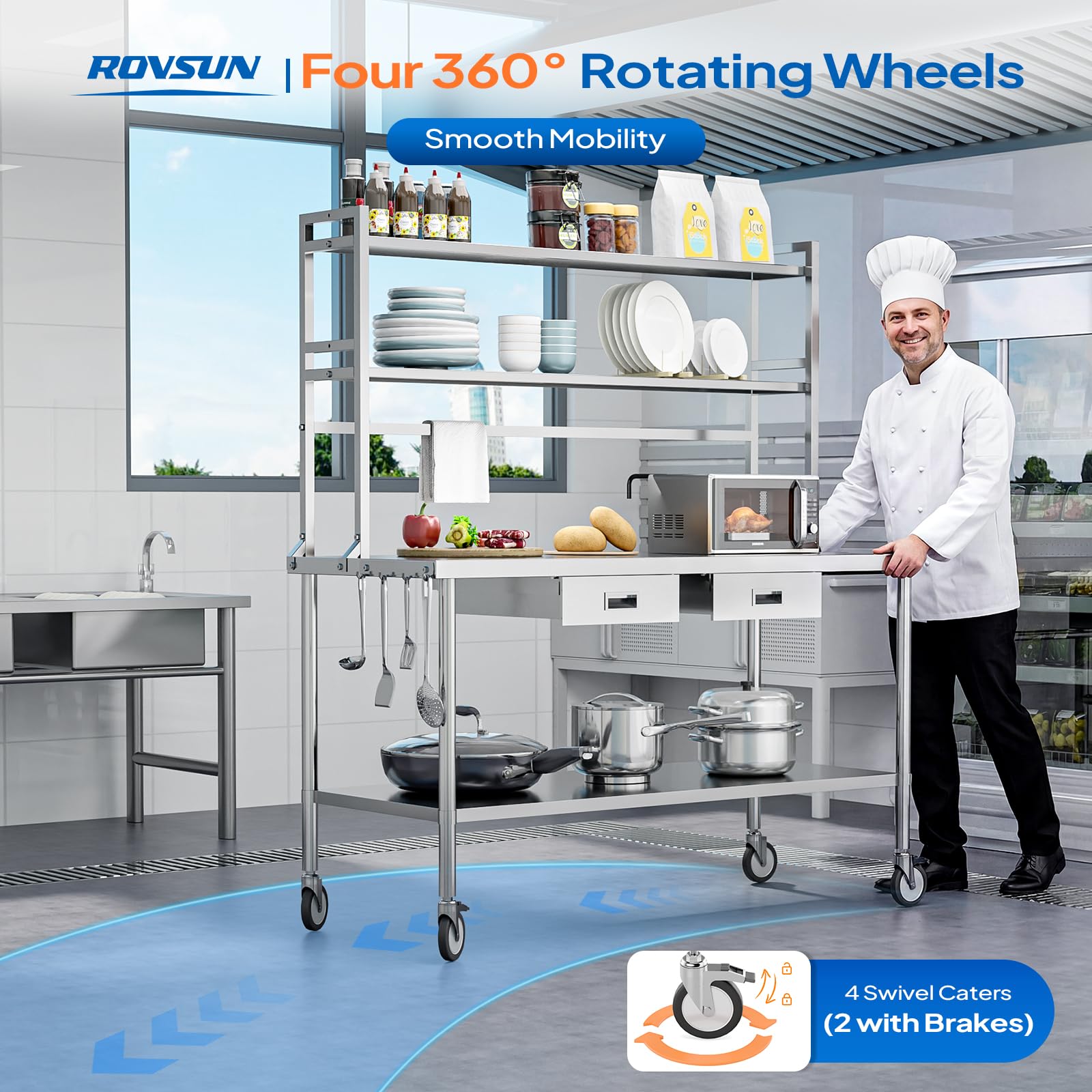 ROVSUN 60" X 24" Stainless Steel Table with Wheels & Drawers