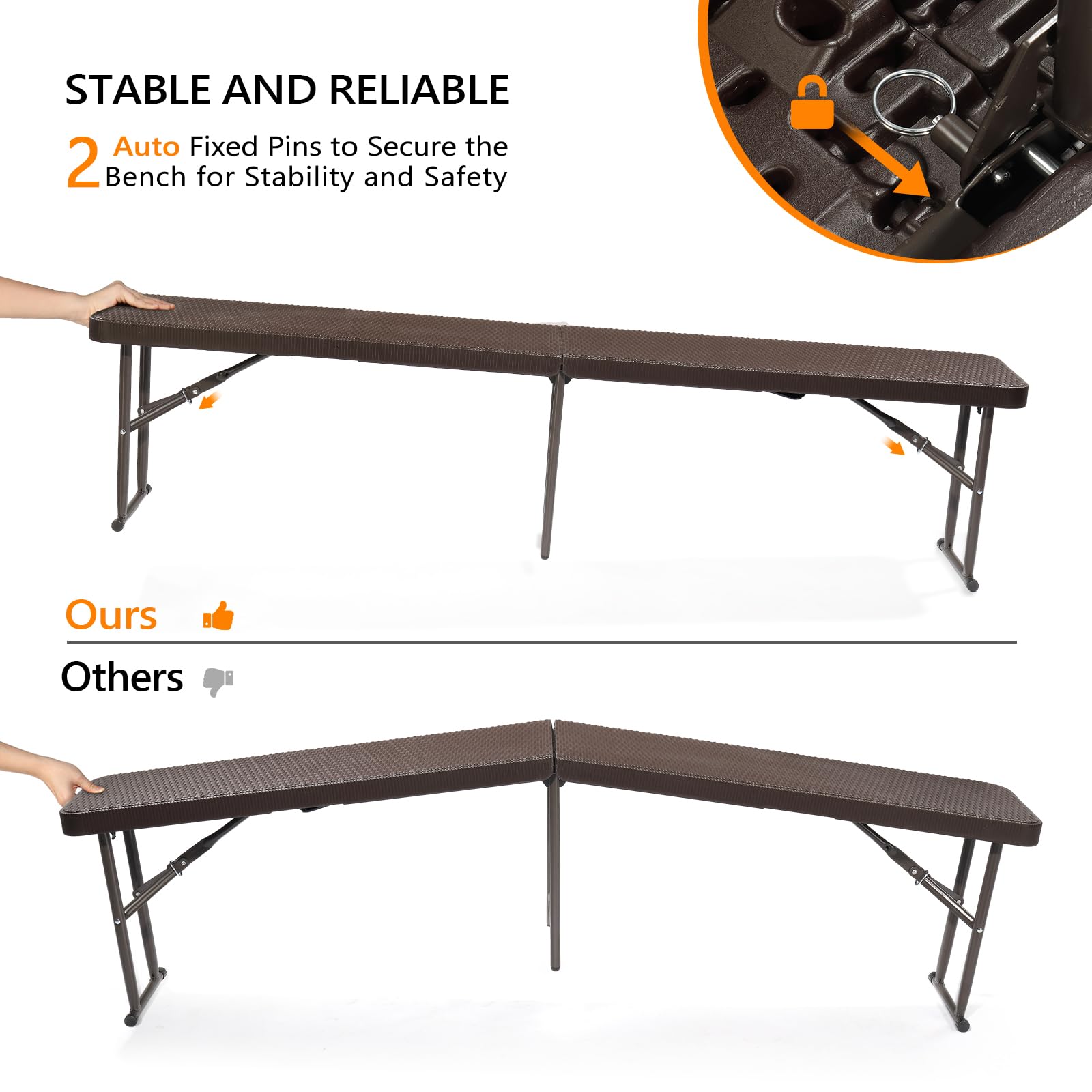 VINGLI 6 Feet Plastic Folding Bench Outdoor Picnic Party Seat Brown
