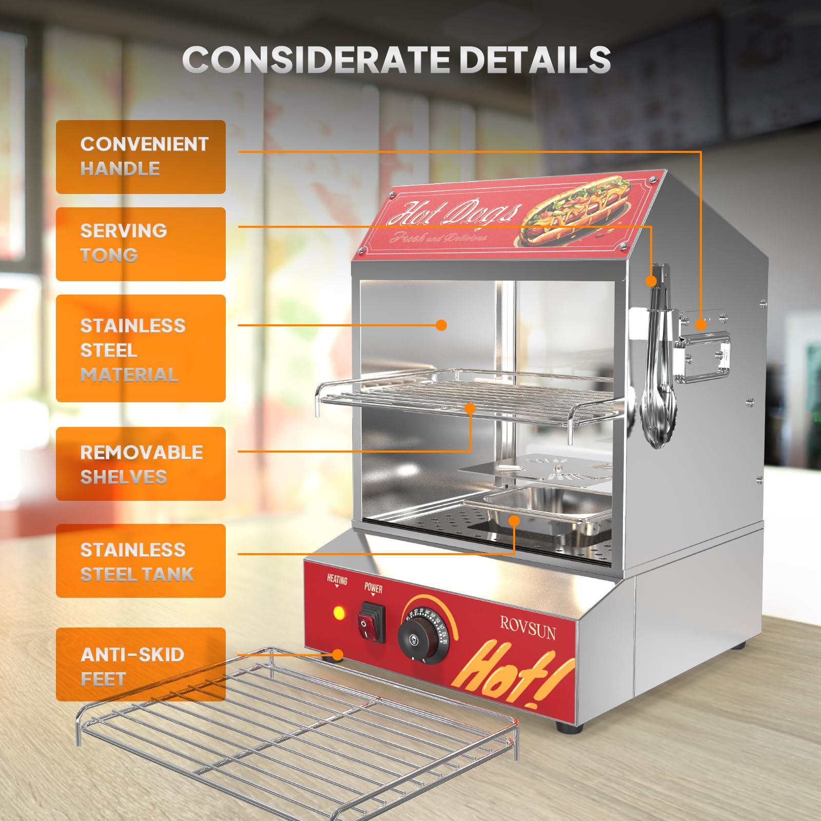 ROVSUN 42.3 QT 500W 110V 235 Hot Dogs / 50 Buns Hot Dog Steamer