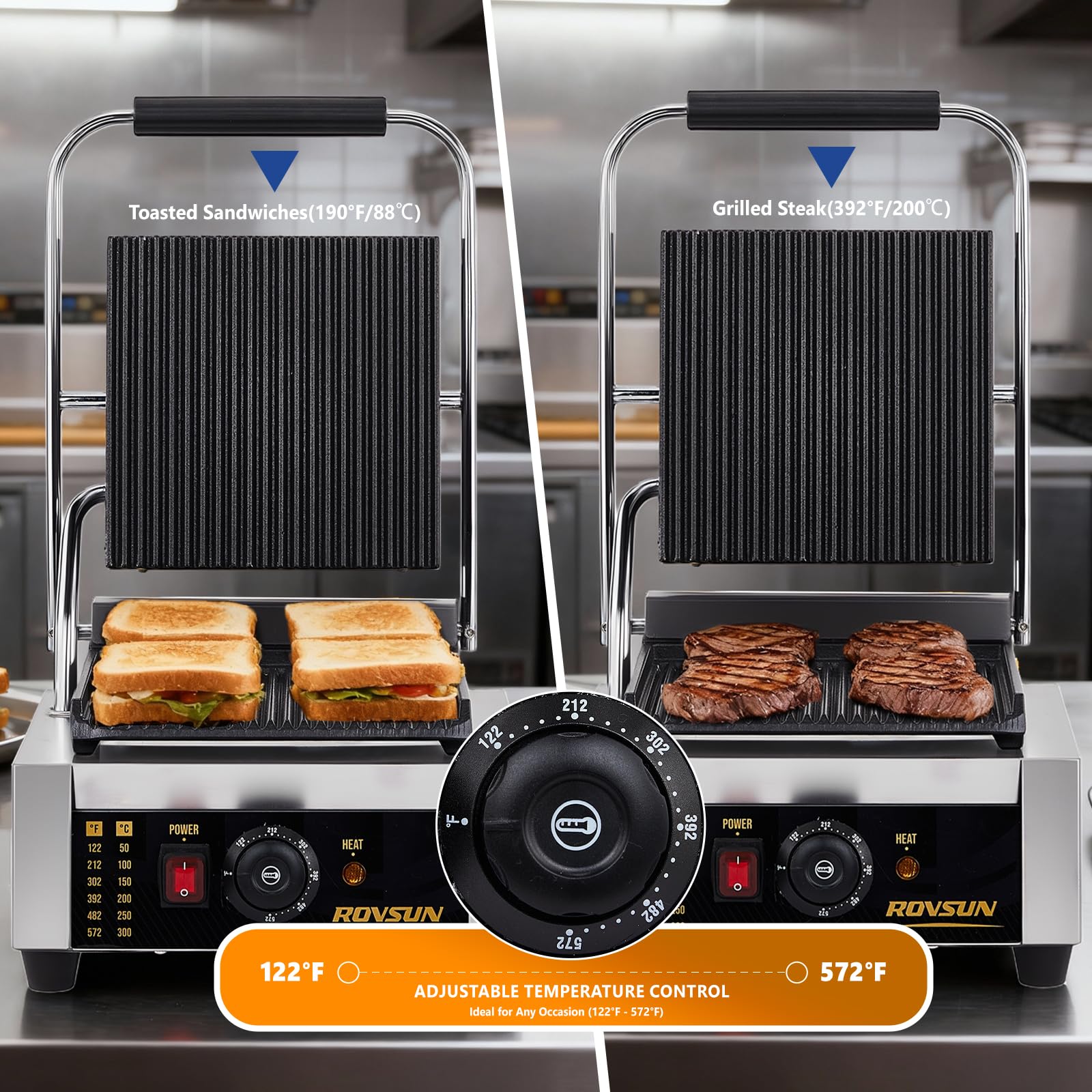 ROVSUN 12" 1800W 110V Commercial Panini Press Grill with Adjustable Temp