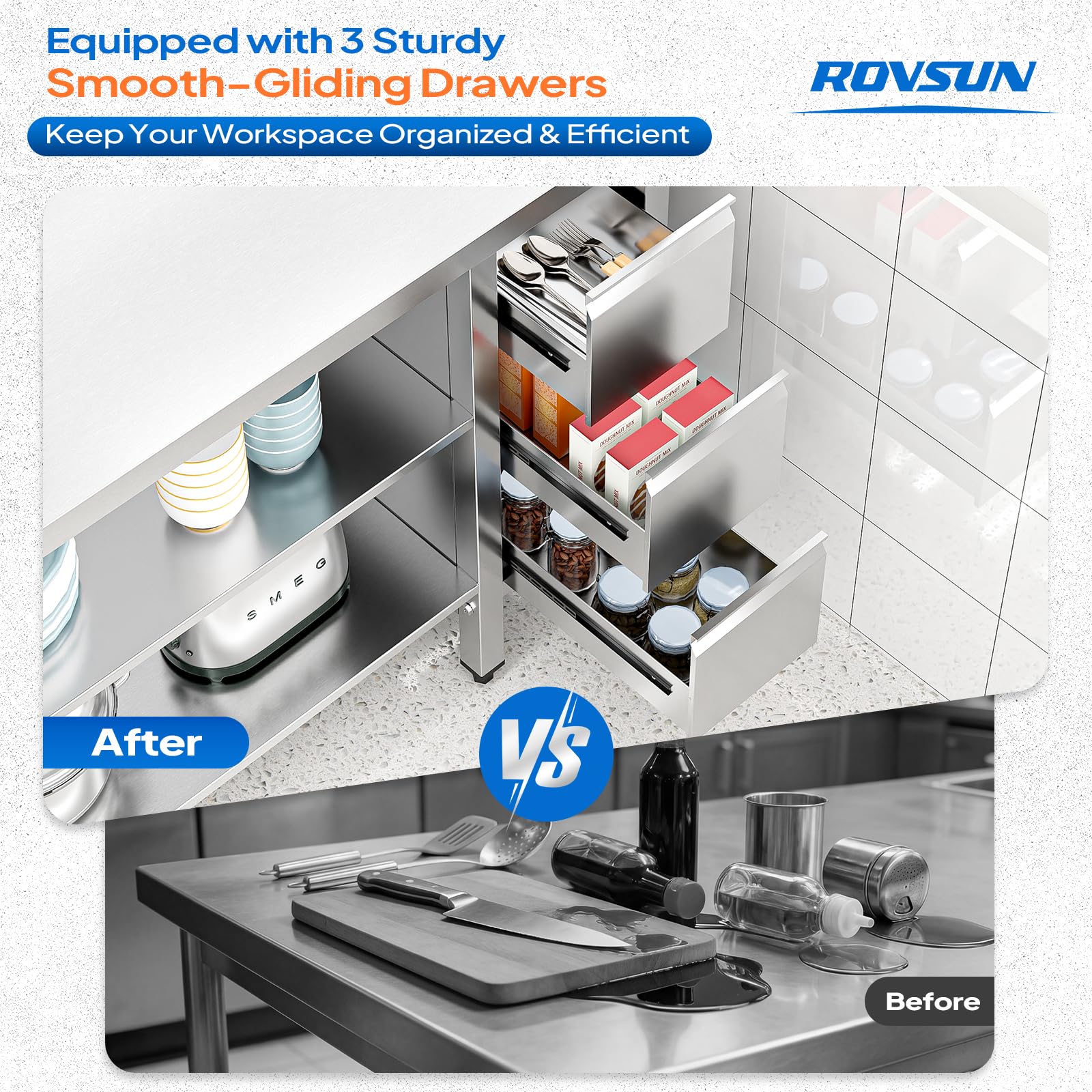 ROVSUN 48" x 24" Stainless Steel Kitchen Work Table with 3 Drawers
