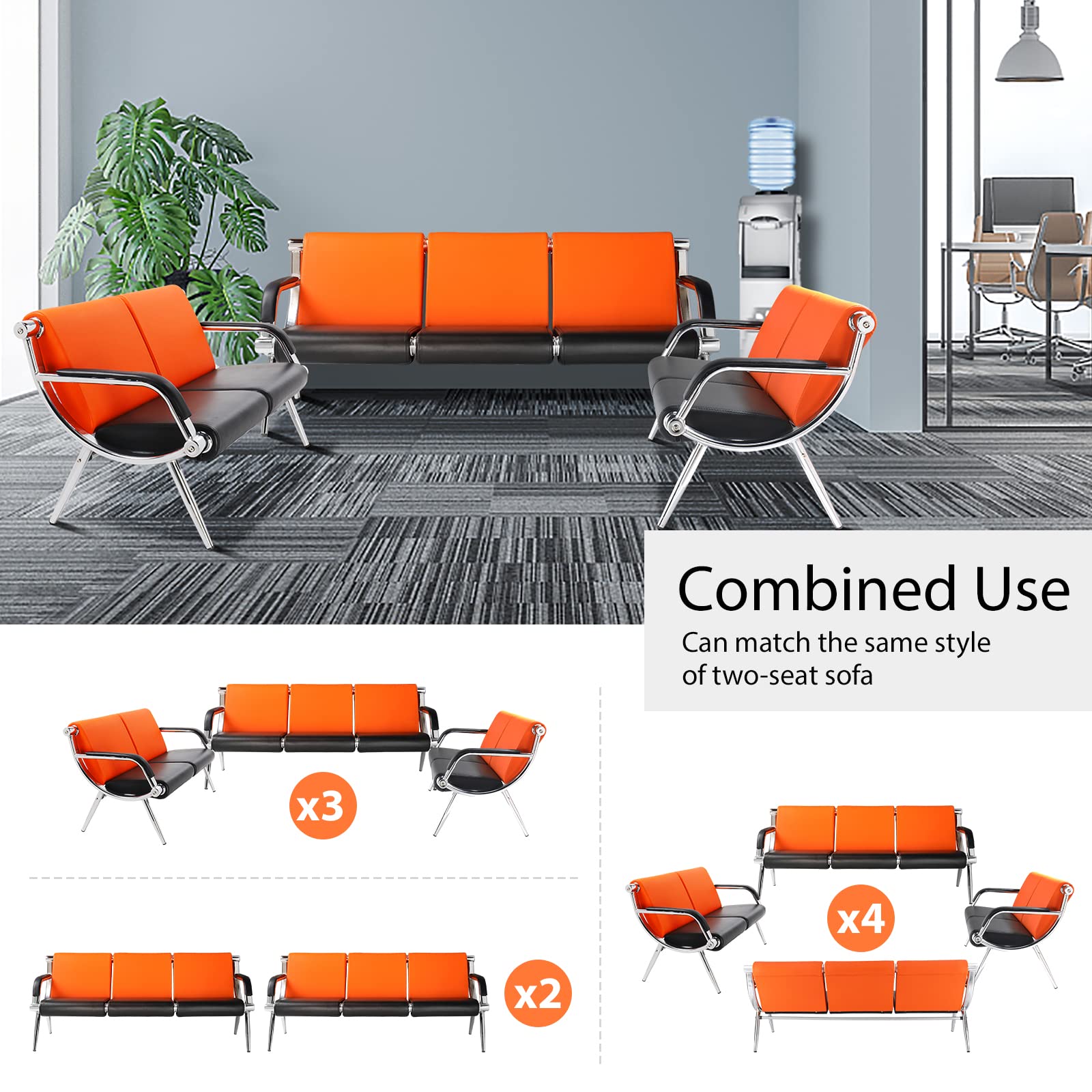 63" 3 Seat Waiting Chair Bench Seating PU Leather Orange