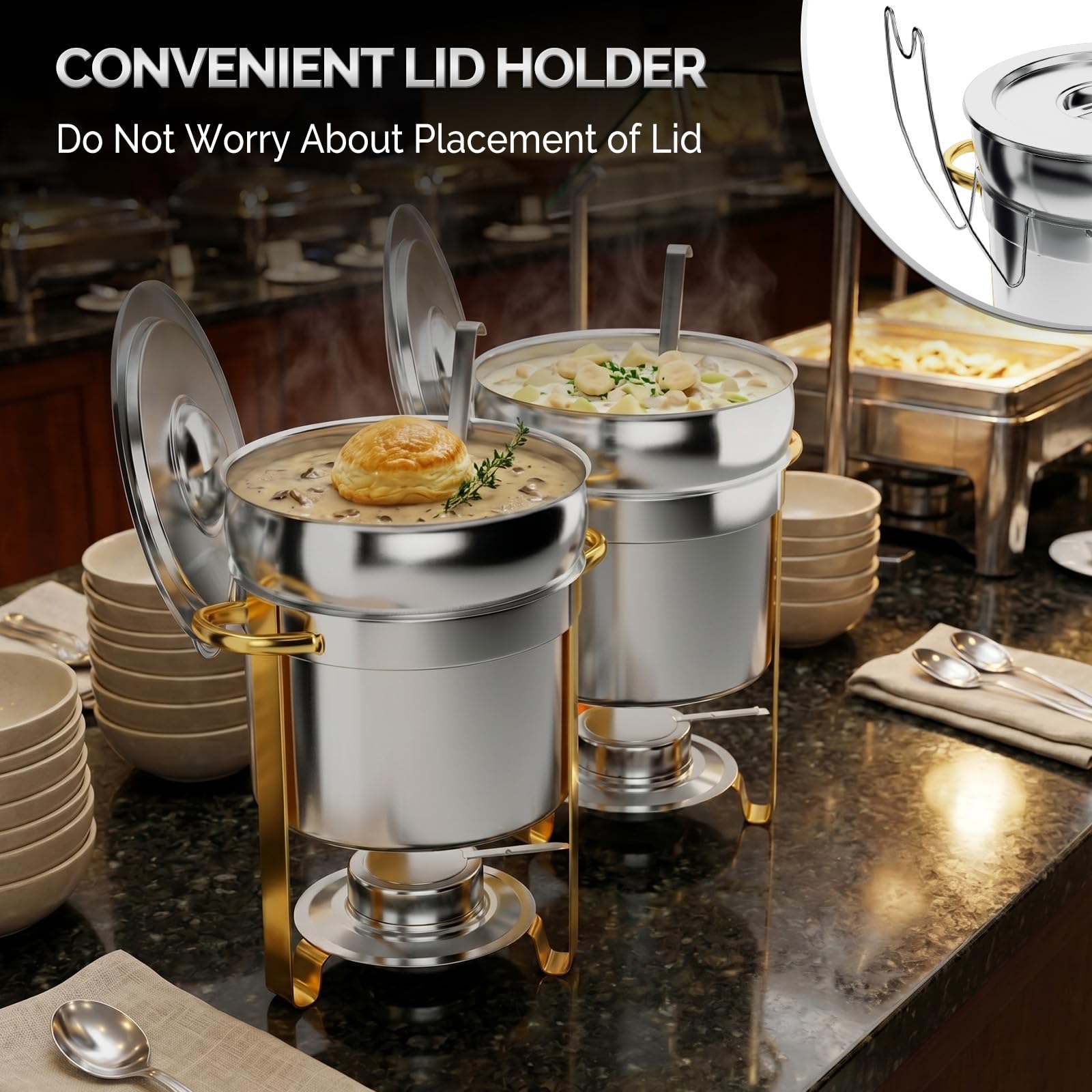 ROVSUN 7 QT Round Silver-Gold Buffet Soup Chafer with Lid Holder