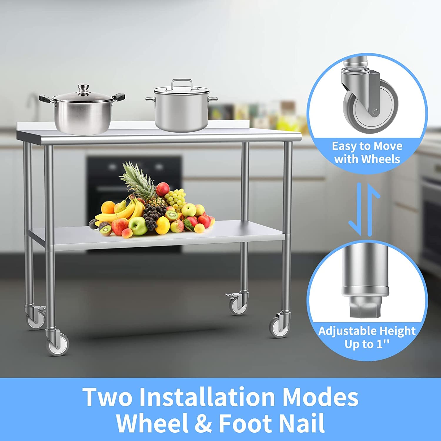ROVSUN 60" x 24" Stainless Steel Table with Wheels