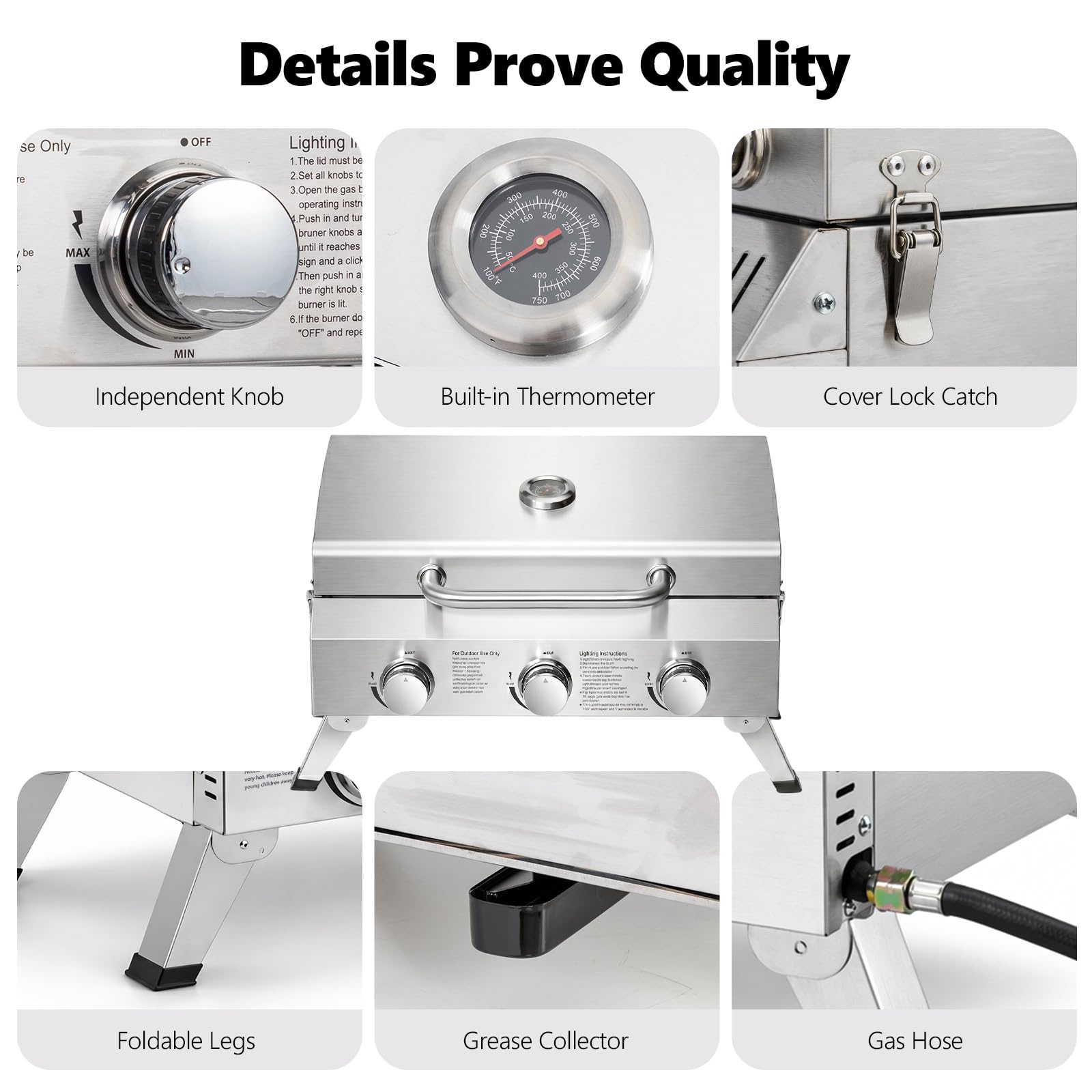 ROVSUN 3-Burner 30000 BTU Portable Propane Grill Tabletop with Igniter