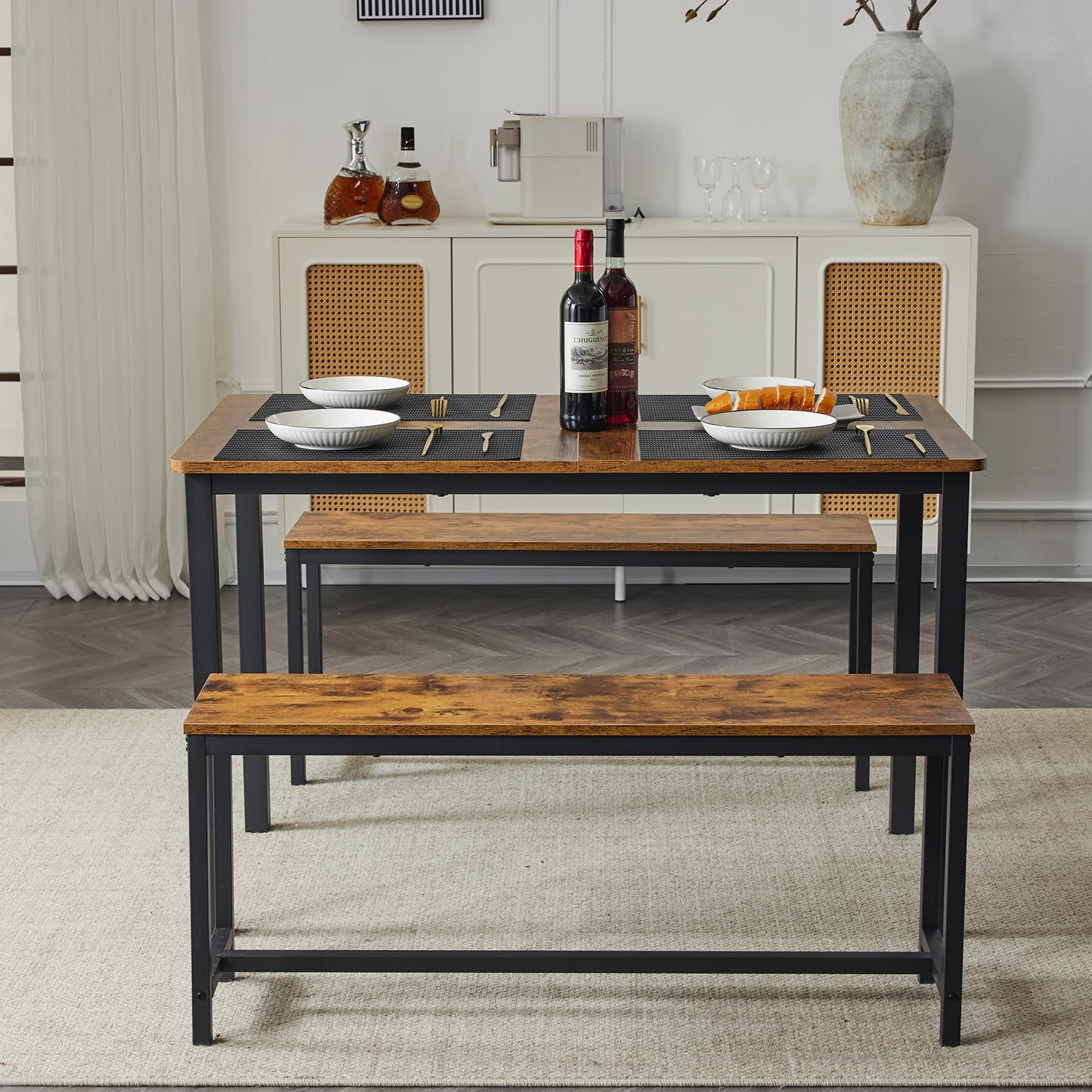 3 Piece Dining Table Set Expandable & Foldable Table with 2 Benches Black Brown