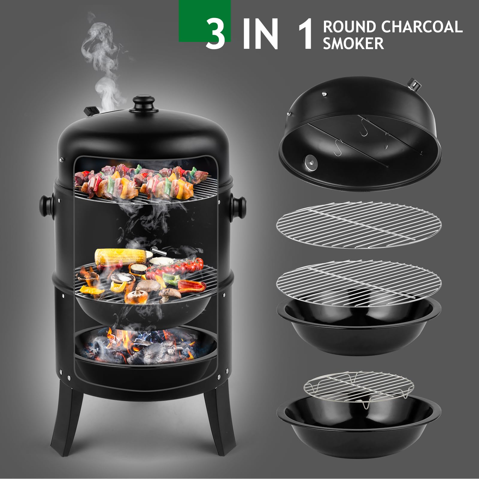 ROVSUN 17" 3-in-1 Portable Outdoor Grill Cooker with Built-in Thermometer