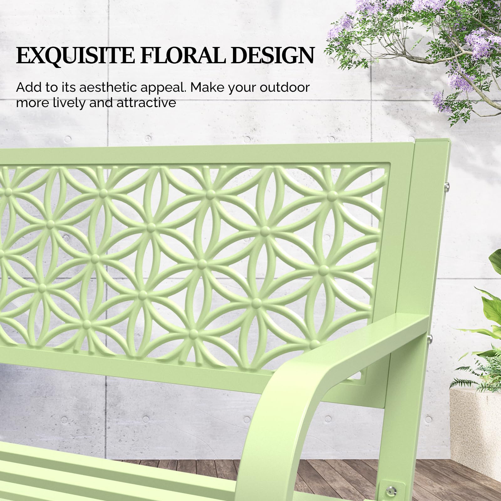 50" Outdoor Bench Metal with Floral Back Green