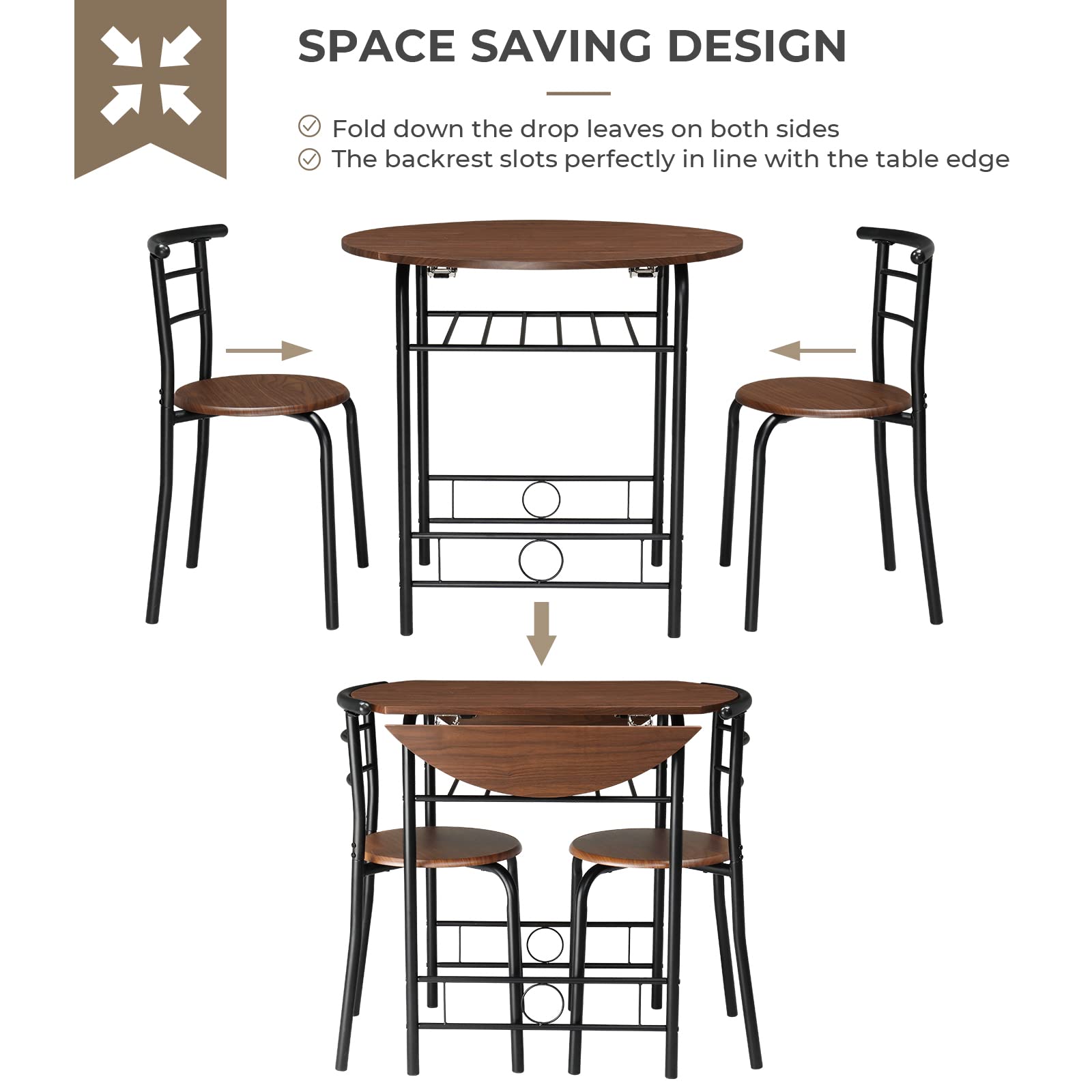 3 Piece Drop Leaf Dining Set Round Folding Table and 2 Chairs Black Brown