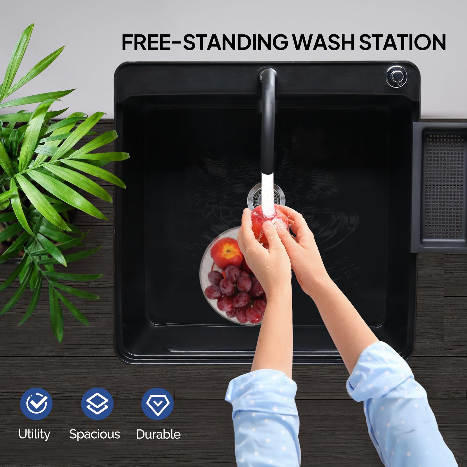 ROVSUN 24" x 24" Plastic Utility Sink with Storage Shelf Black