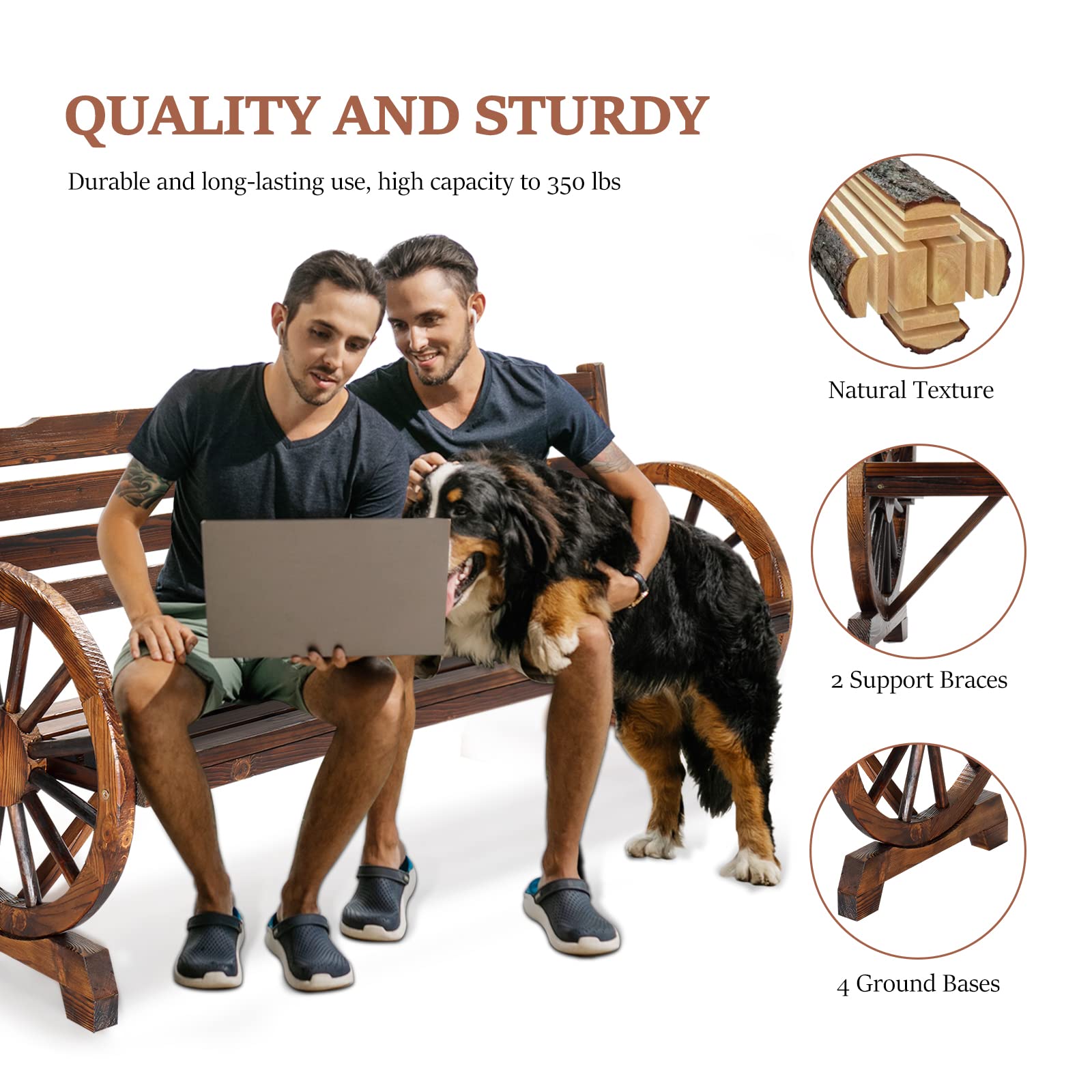 55" Outdoor Bench with Rustic Wooden Wheel