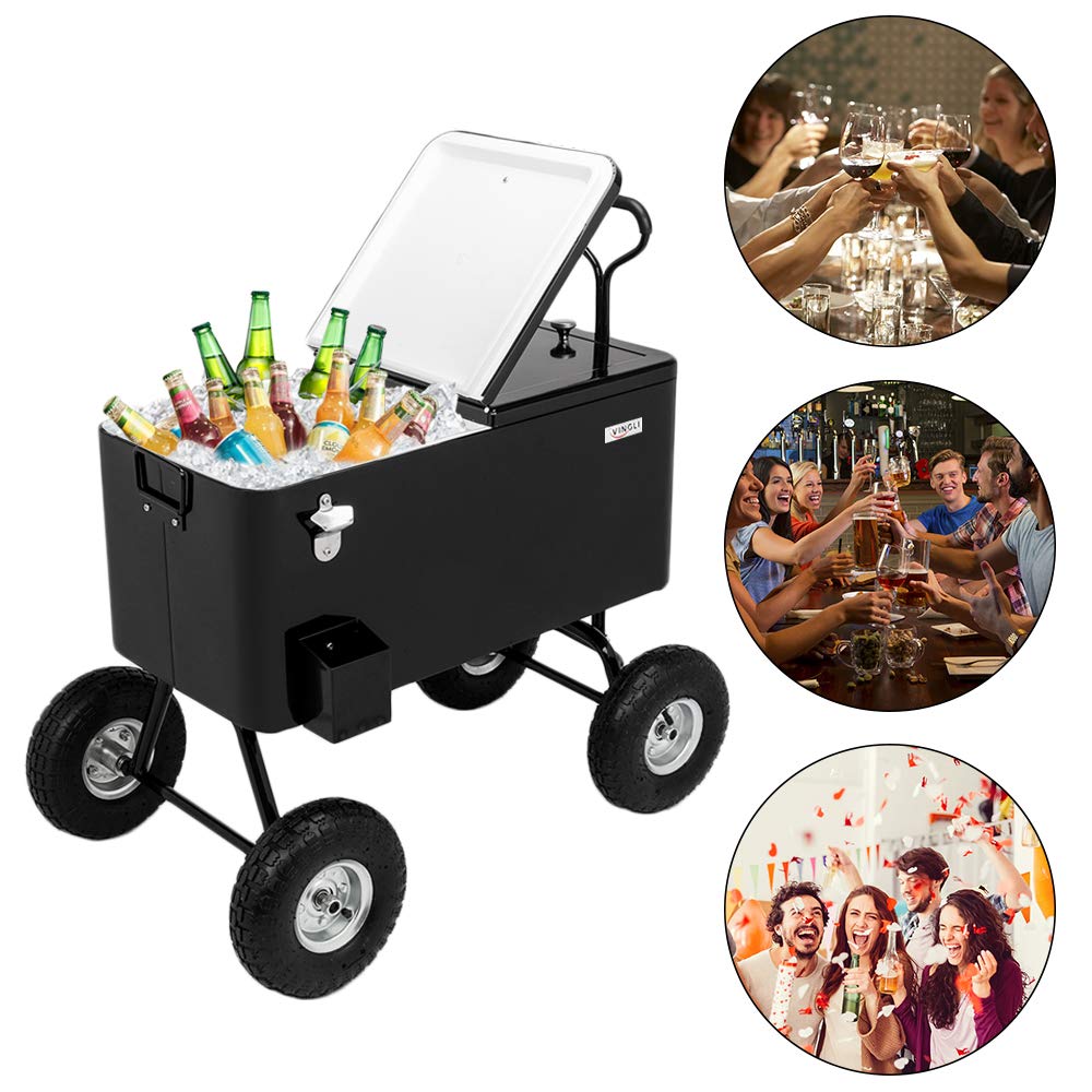 80 Quart Wagon Rolling Cooler Ice Chest with 10" Wheels Black