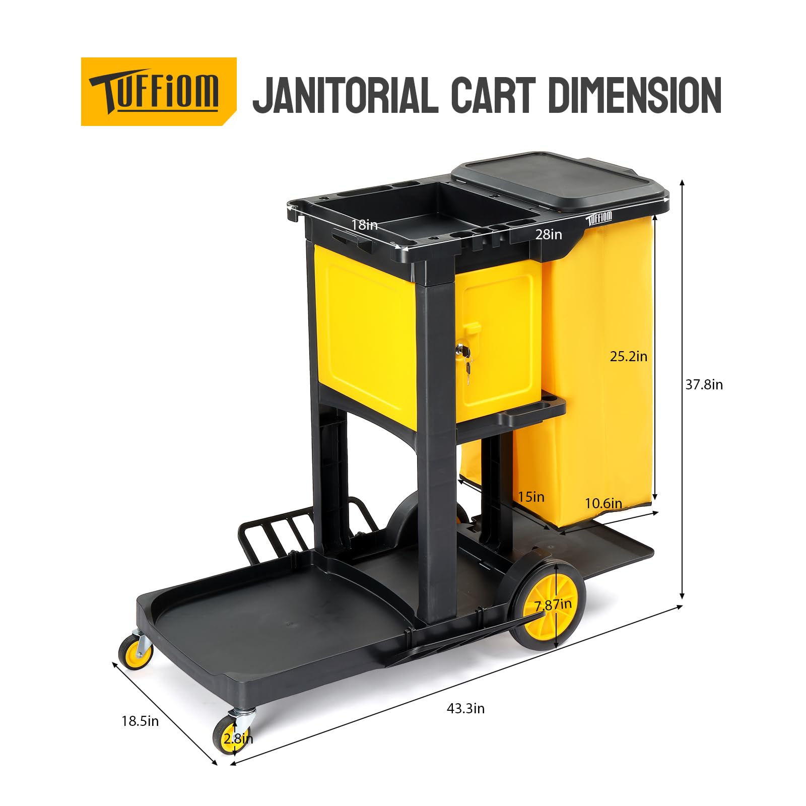 3-Tier 500 LBS Capacity Janitorial Cart with Locker & 15 Gallon Bag Black