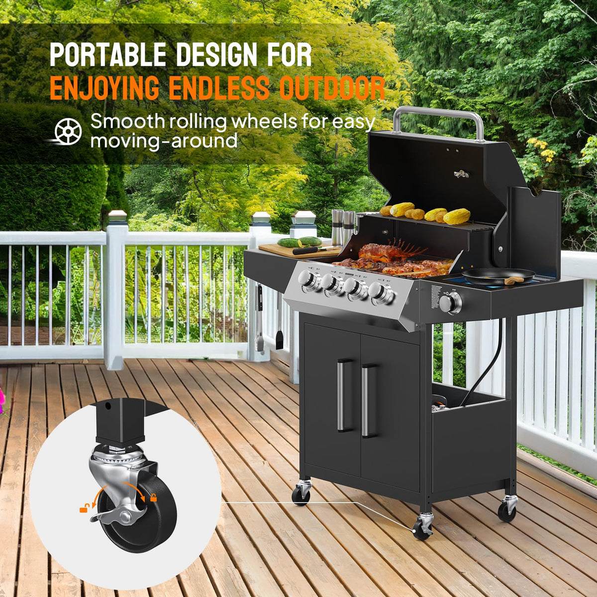ROVSUN 4-Burner 58000 BTU Propane Grill with Side Burner & Rolling Wheels