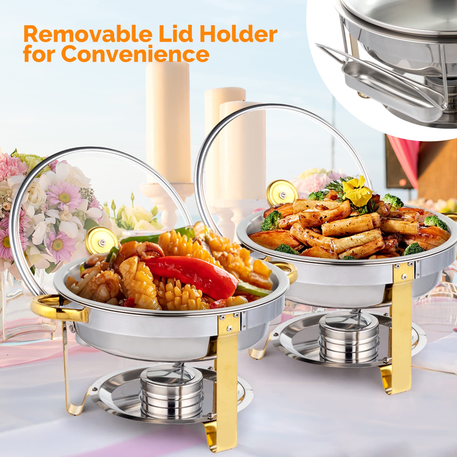 ROVSUN 5 QT Round Gold Chafing Dish Set with Glass Lid & Lid Holder