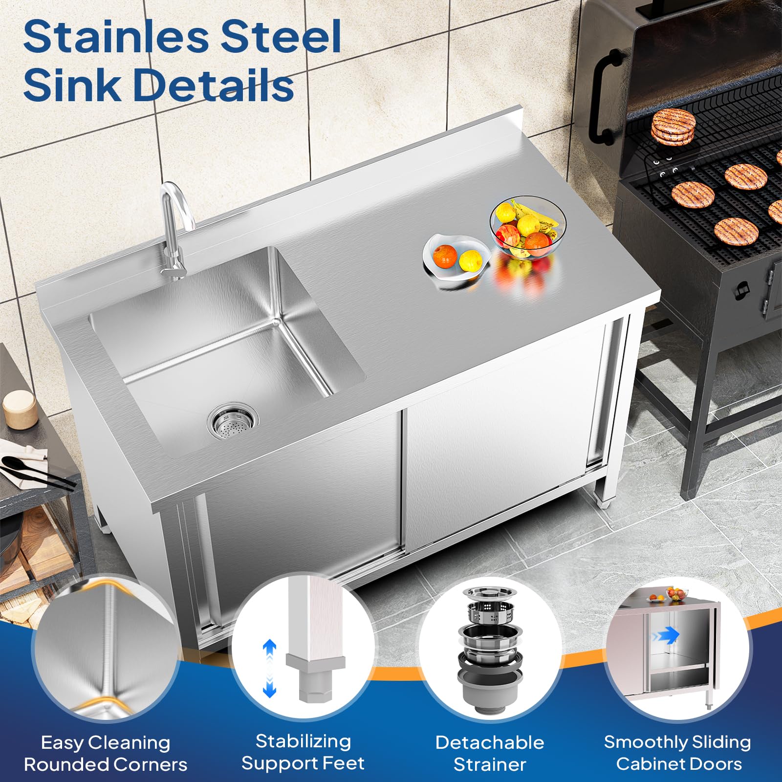 ROVSUN 46" x 22" Stainless Steel Utility Sink with Cabinet