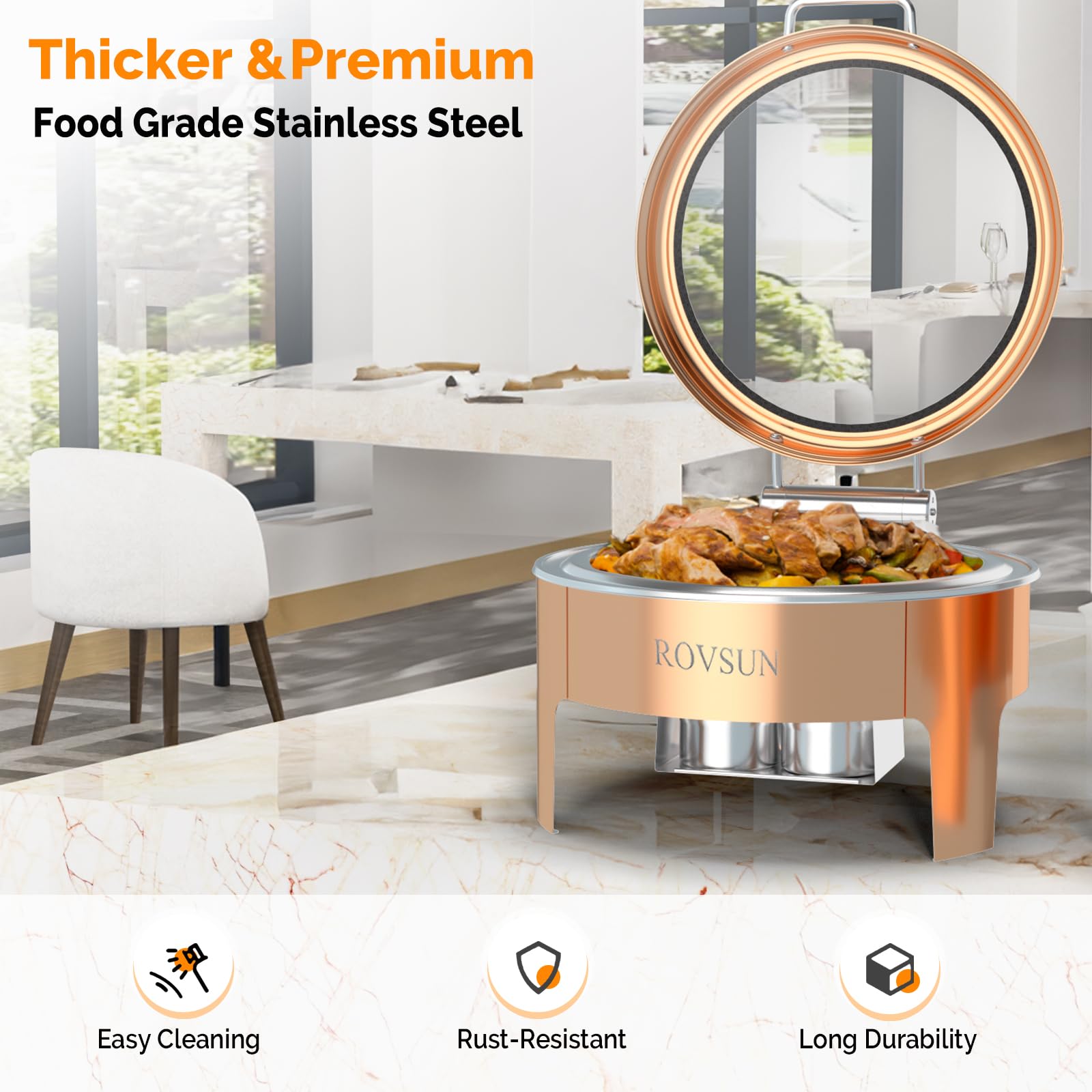 ROVSUN 6 QT Round Rose Gold Chafing Dish Buffet Set with Serving Tong