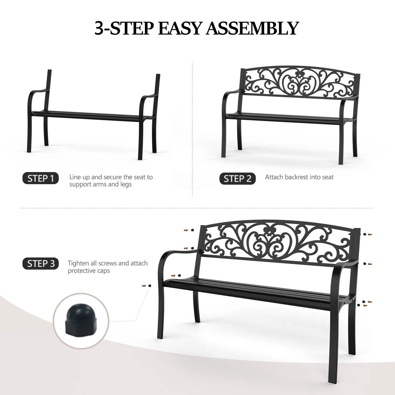 50" Outdoor Bench Metal with Floral Back