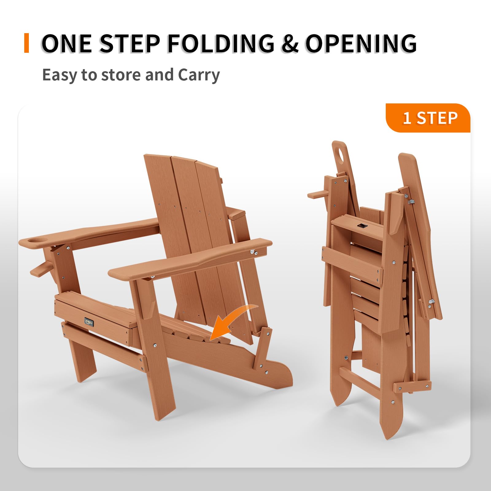 VINGLI Oversized Plastic Folding HDPE Adirondack Chairs with Cup Holder Teak