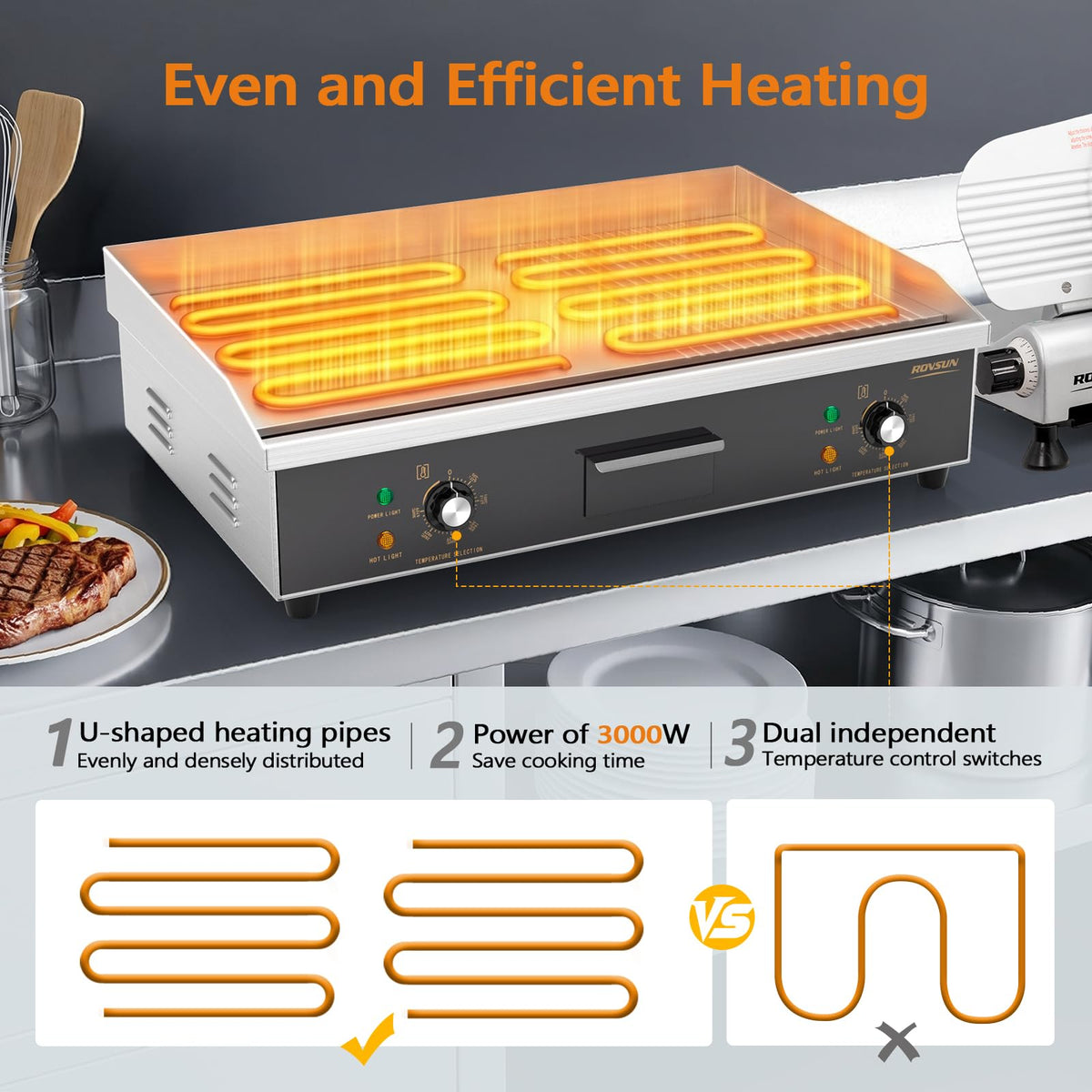 ROVSUN 30" 3000W 110V Electric Griddle Countertop with Half Flat Top Griddle