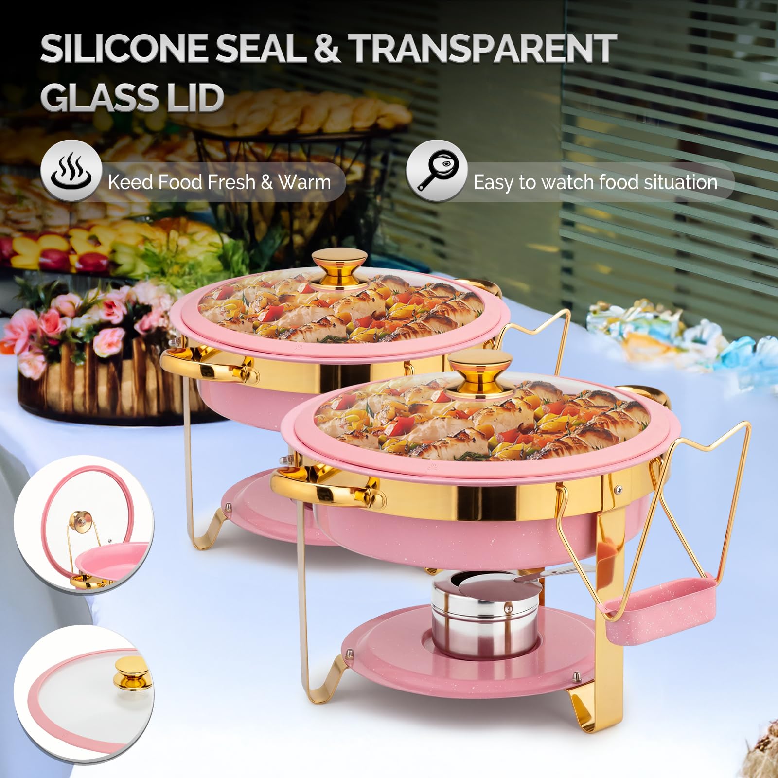 ROVSUN 5 QT Round Pink-Gold Chafing Dish Buffet Set with Lid Holder