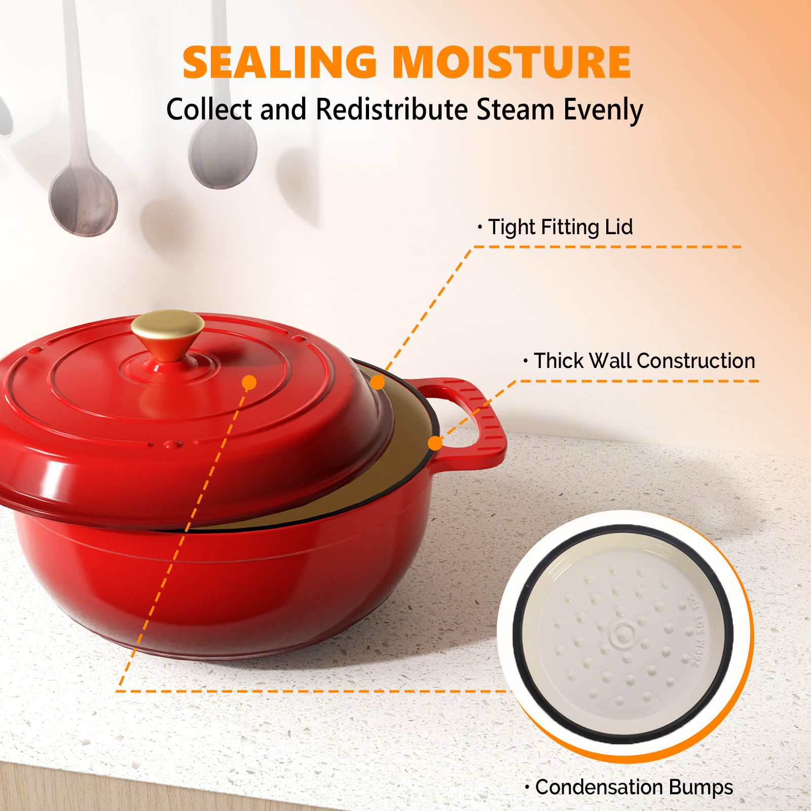 ROVSUN 6 QT Enameled Cast Iron Round Dutch Oven Red