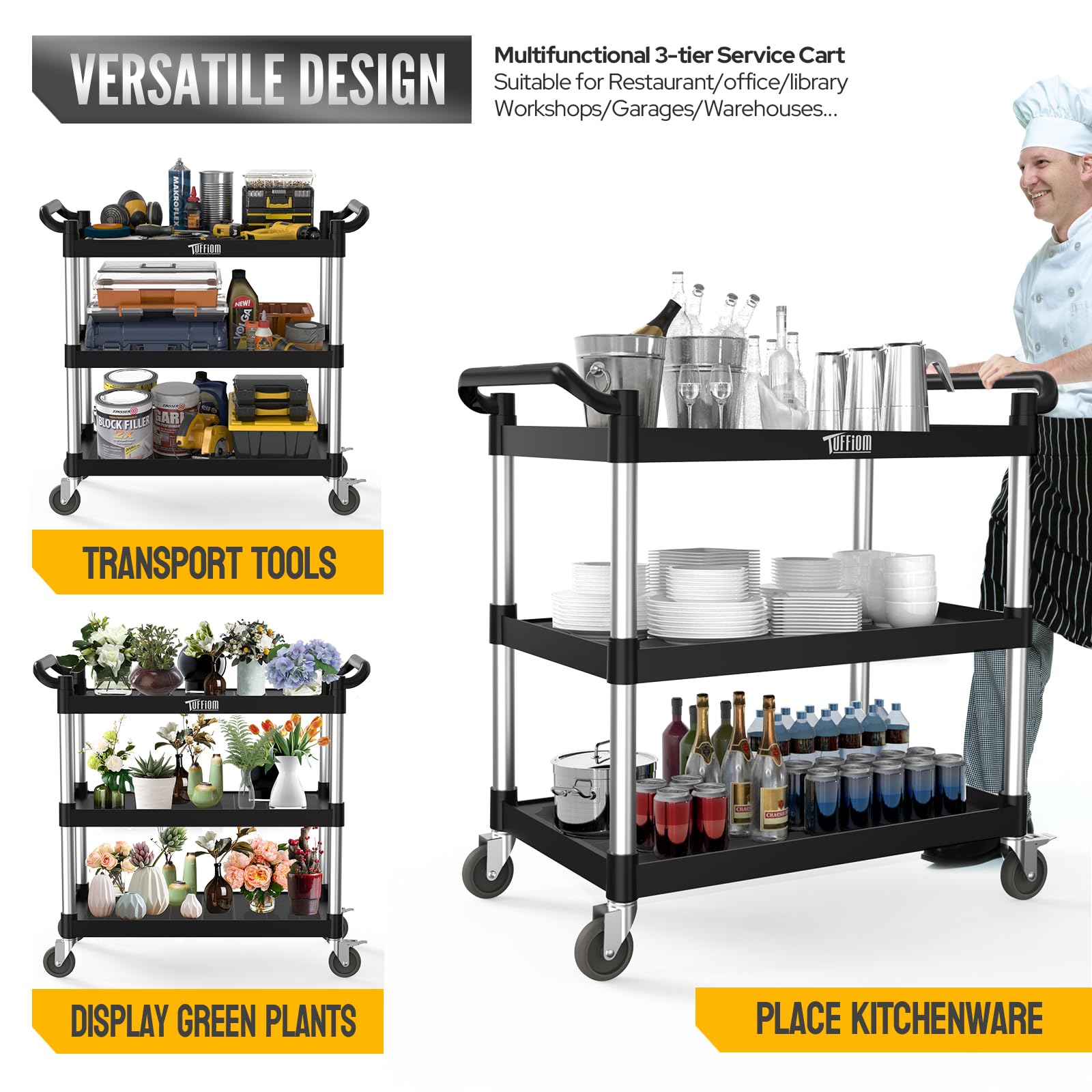 3-Tier 40" x 20" 450 lb. Capacity Plastic Utility Cart/Bussing Cart Black