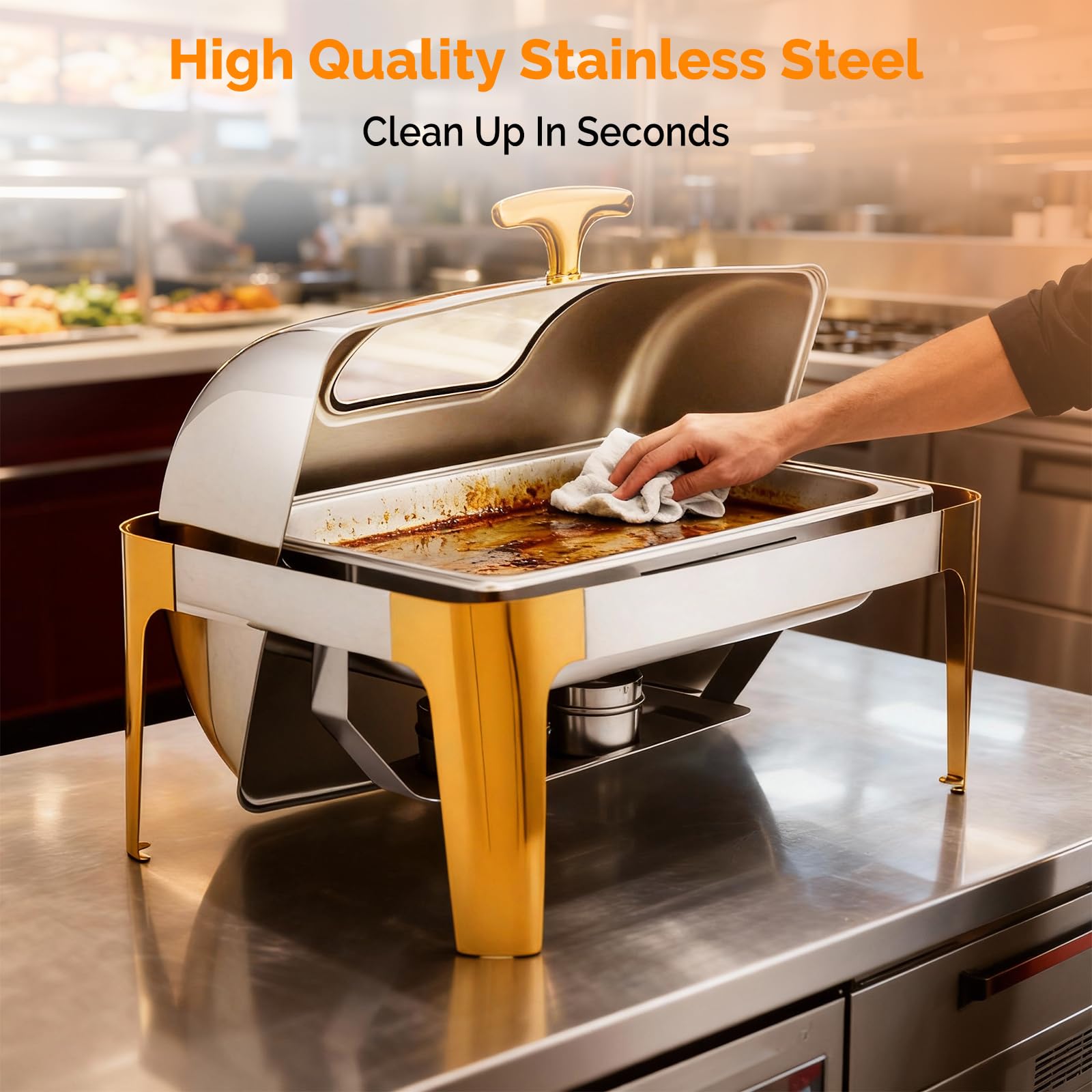 ROVSUN 9 QT Roll Top Rectangular Silver-Gold Chafing Dish Buffet Set with Visible Window