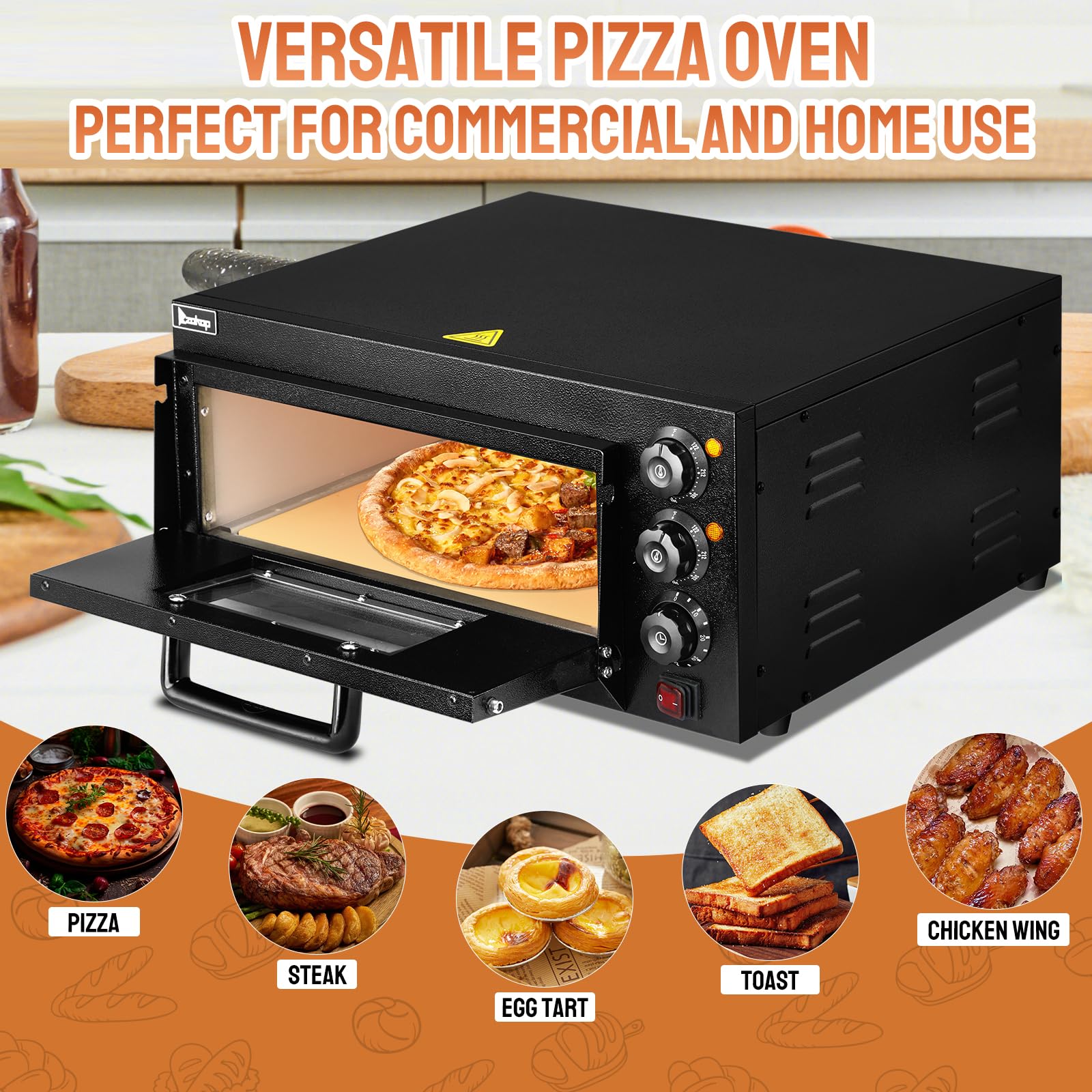 14" 2000W 110V Single Deck Pizza Oven with Visible Window Black