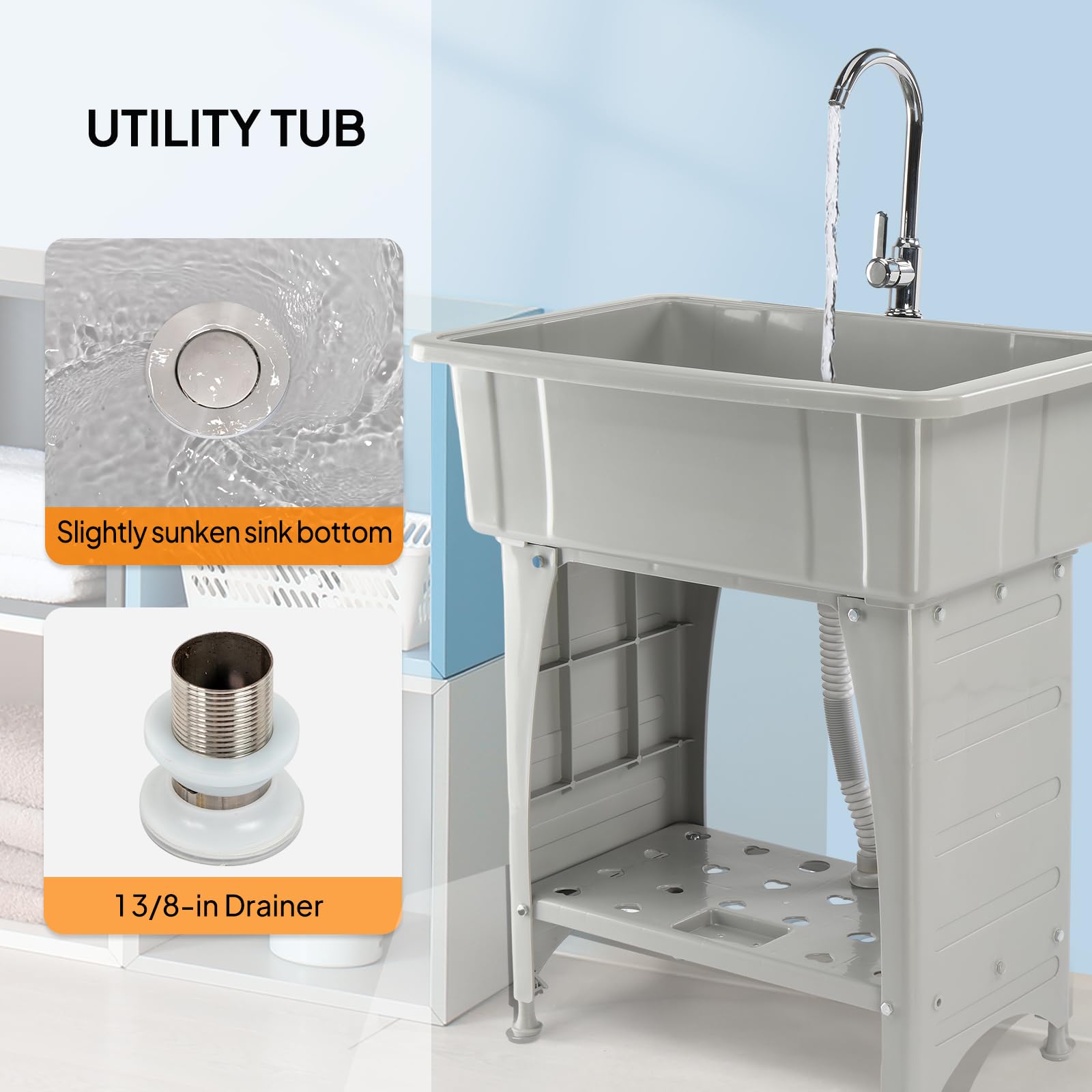 ROVSUN 32" x 22" Utility Sink Laundry Tub with Hot & Cold Faucet Gray