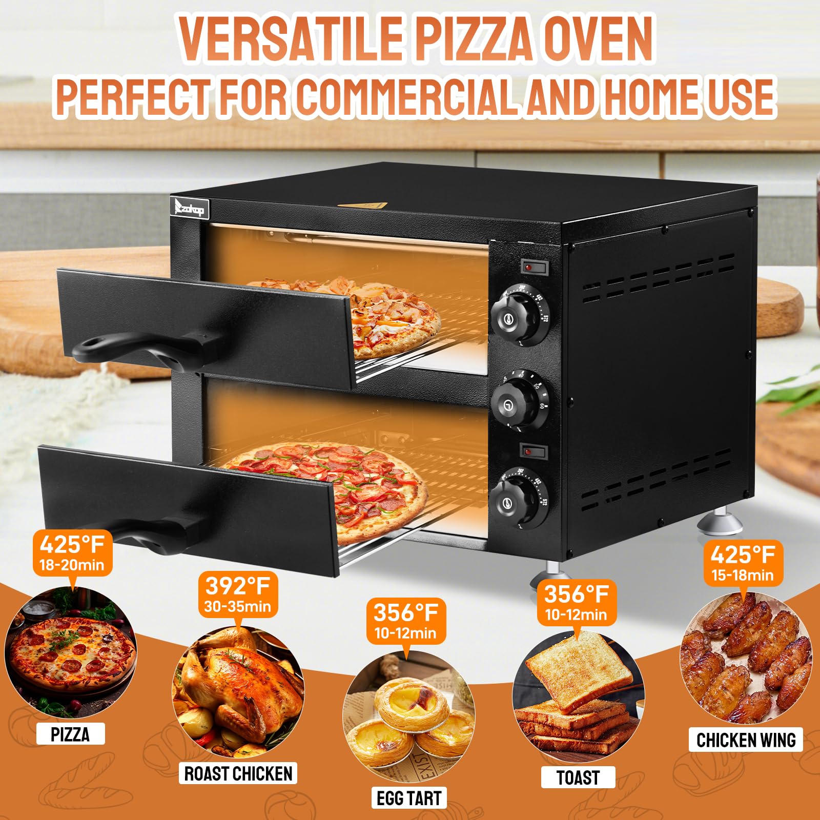 12" 2200W 110V Double Deck Pizza Oven Countertop Black