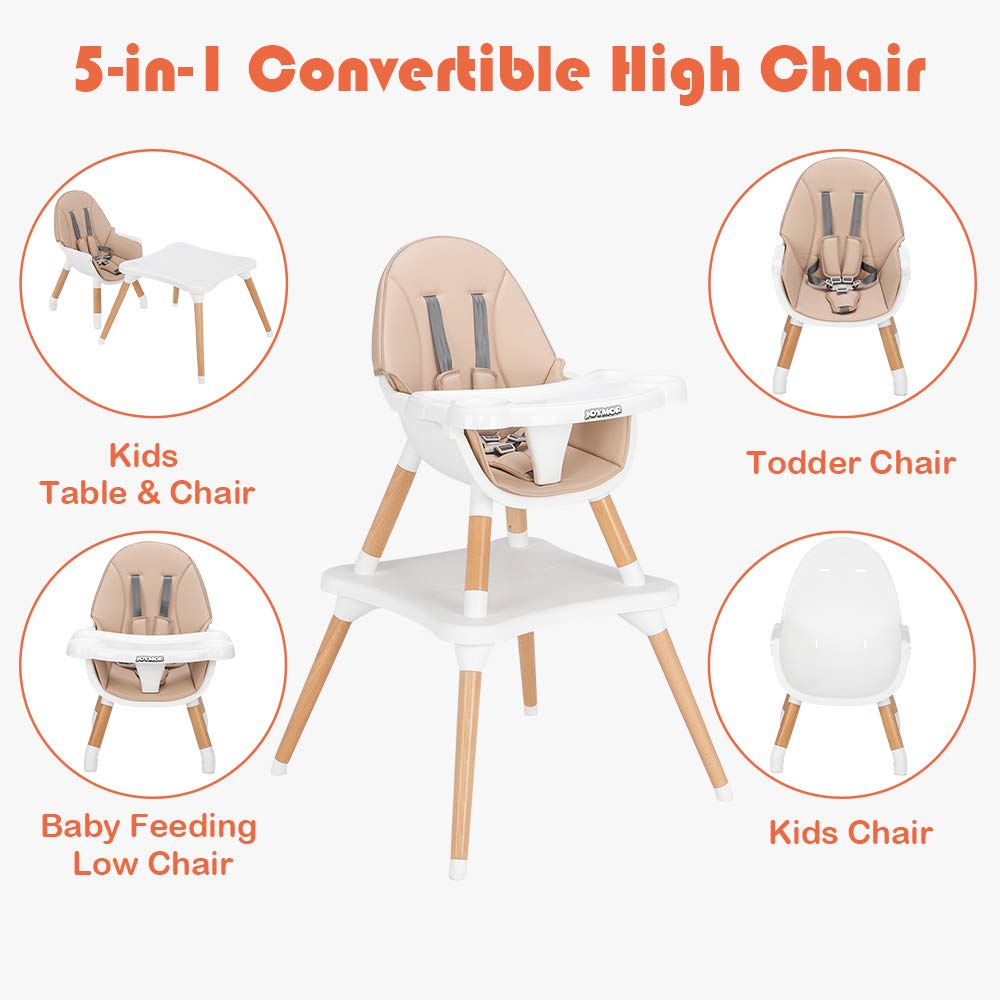 JOYMOR 5 in 1 Adjustable Wood Baby High Chair Off White