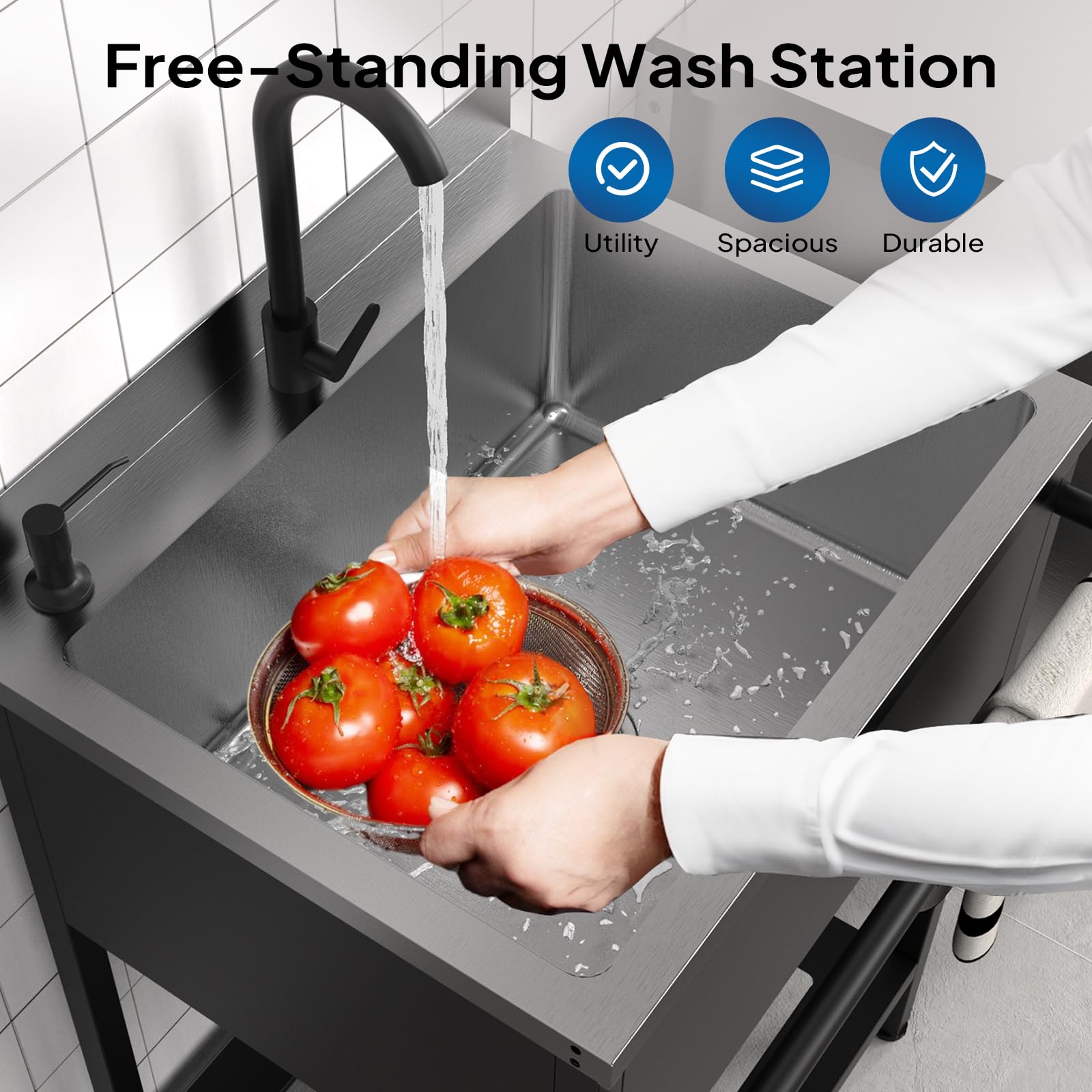 ROVSUN 26" x 21" Stainless Steel Utility Sink with Towel Rack