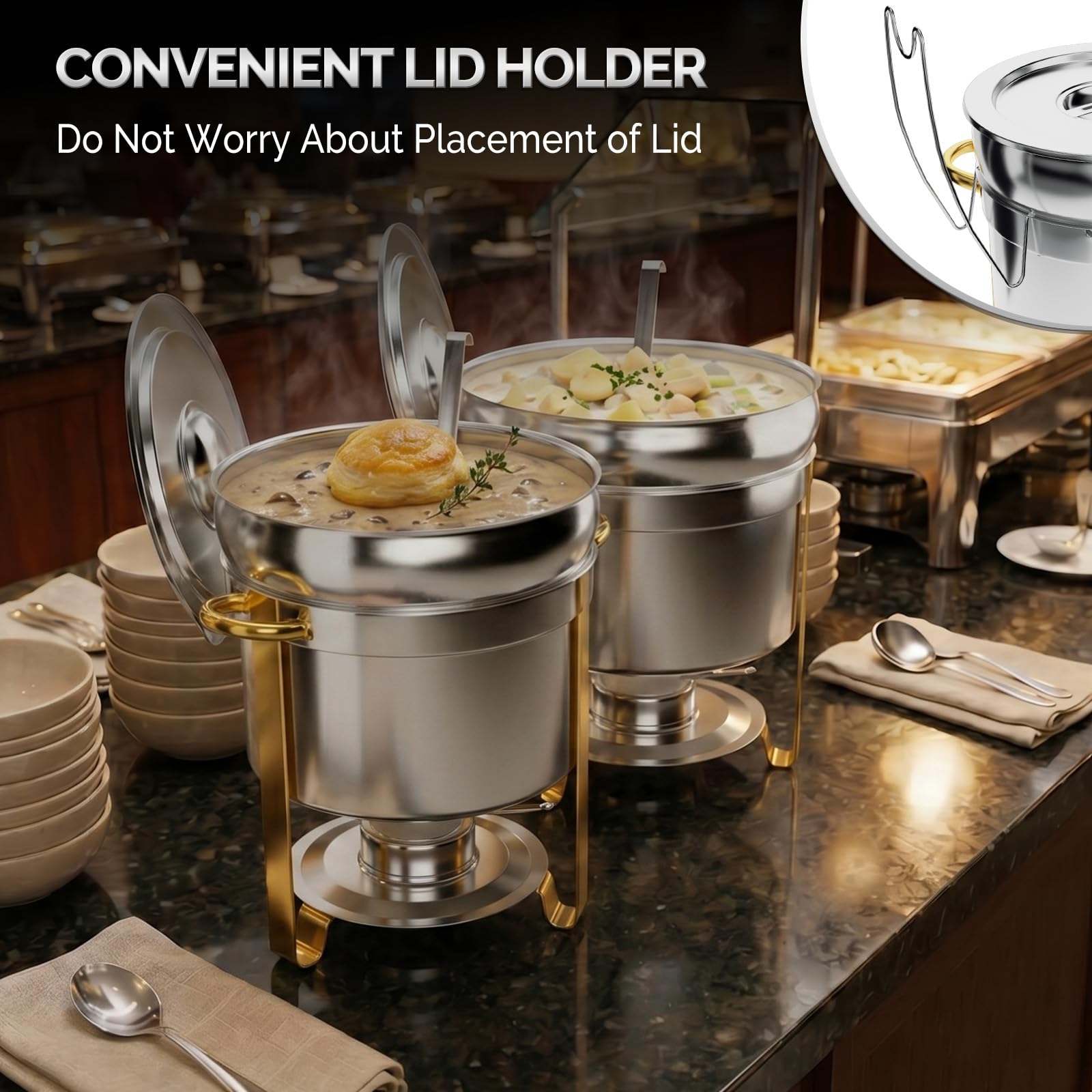 ROVSUN 11 QT Round Silver-Gold Buffet Soup Chafer with Lid Holder