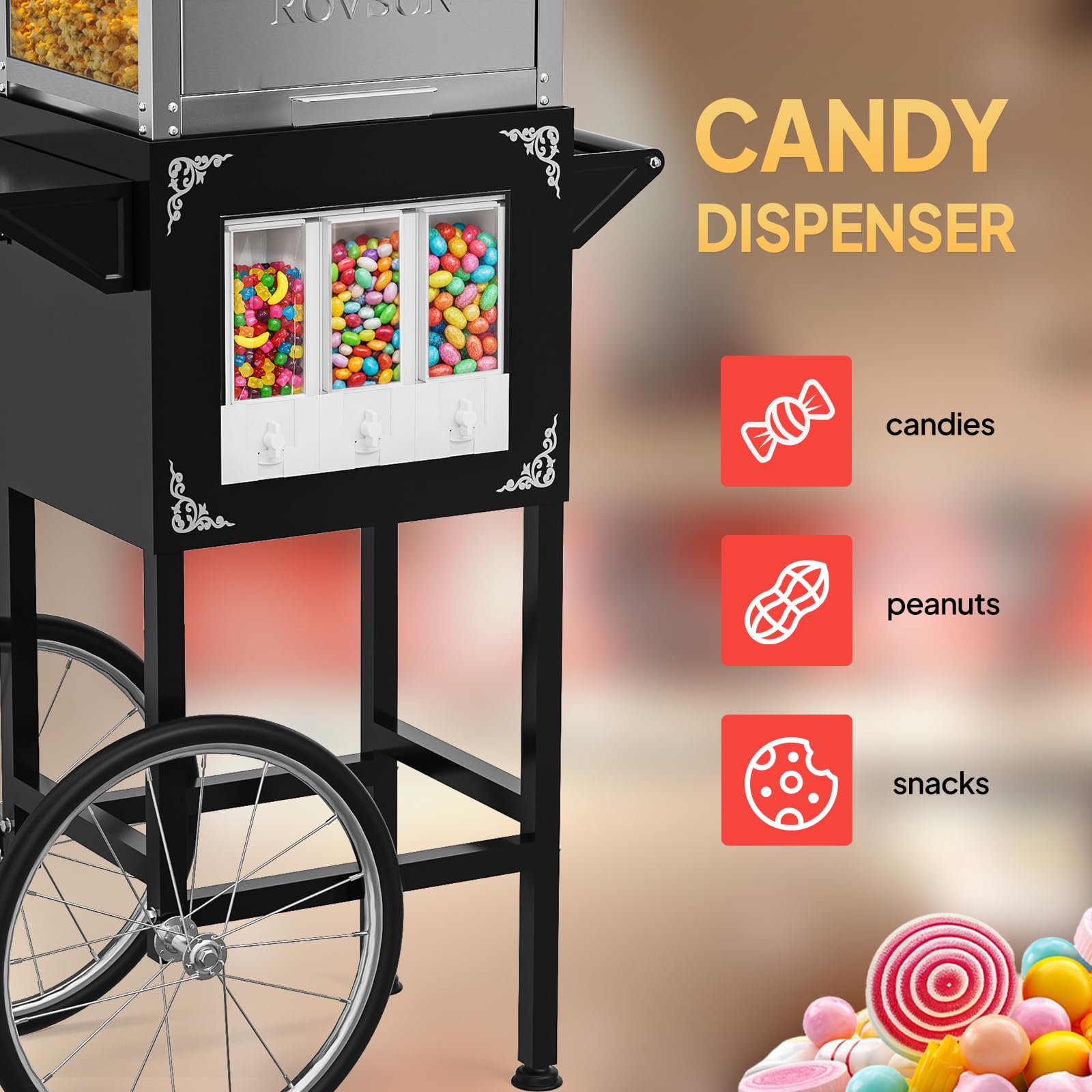 ROVSUN 10 oz Kettle 800W 120V Popcorn Machine Cart with Candy Dispenser Black