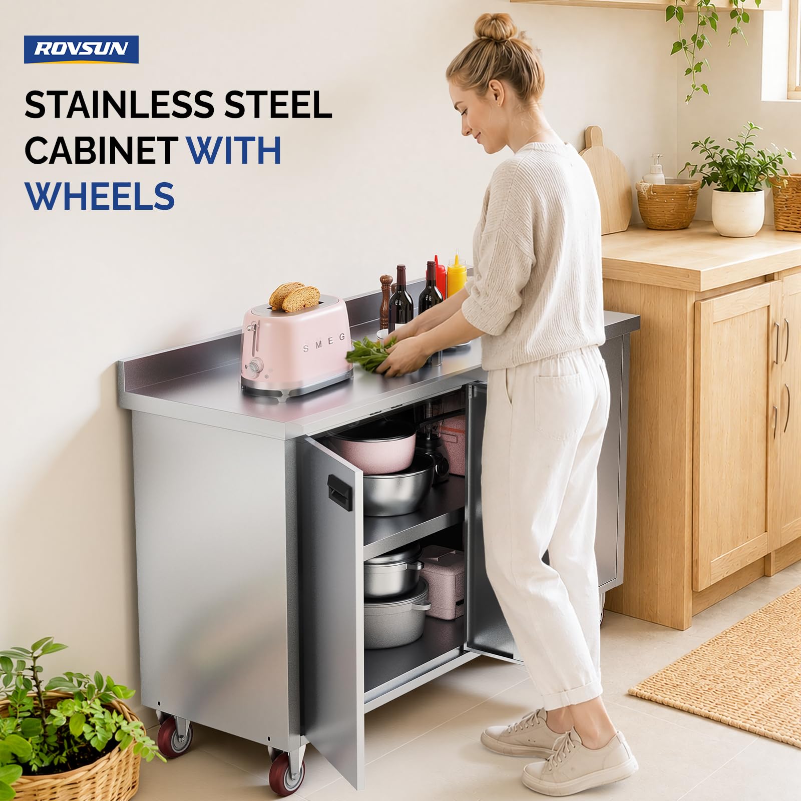 ROVSUN 59" x 19" Stainless Steel Table with Cabinet & Wheels