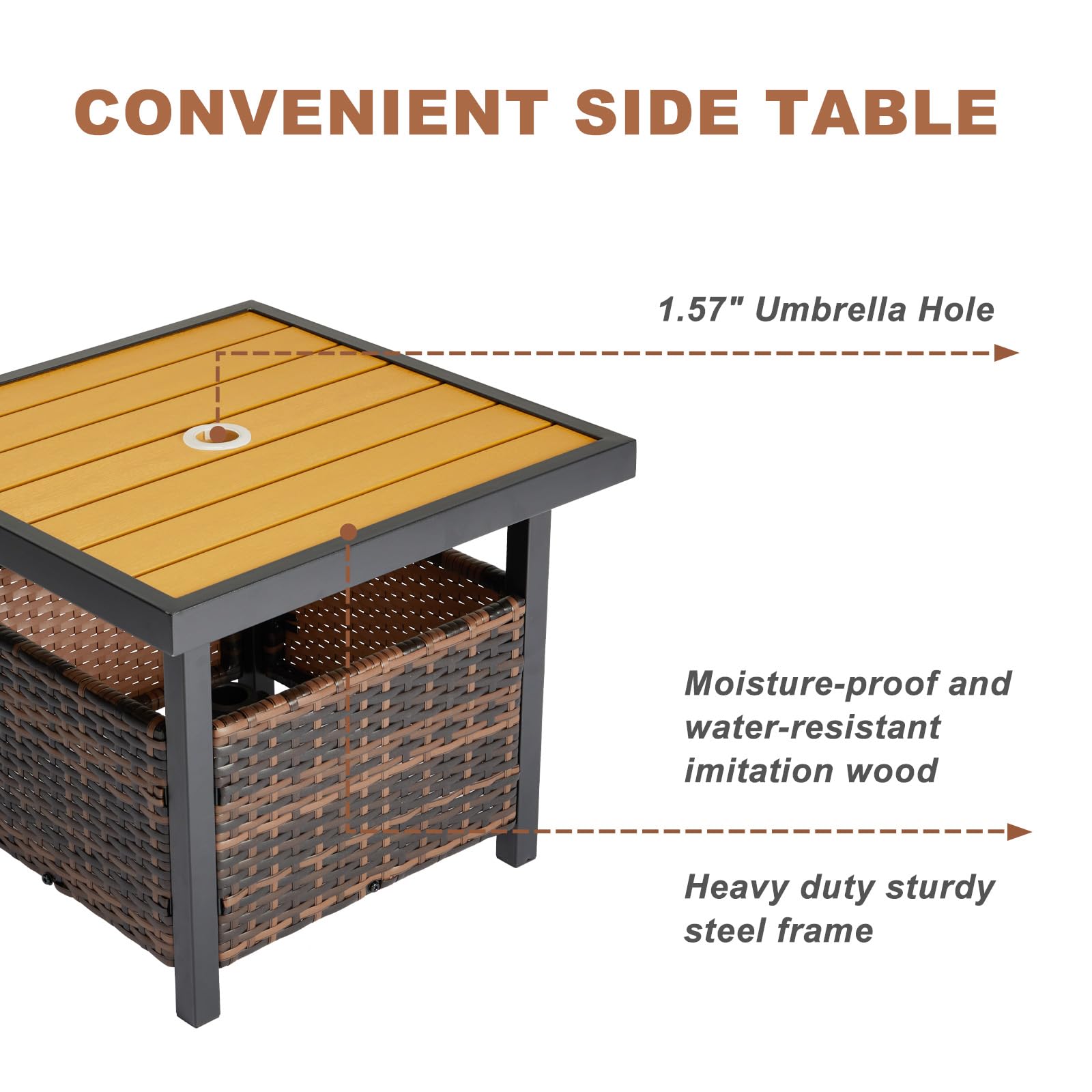 Outdoor Wicker Side Table with Umbrella Hole Yellow