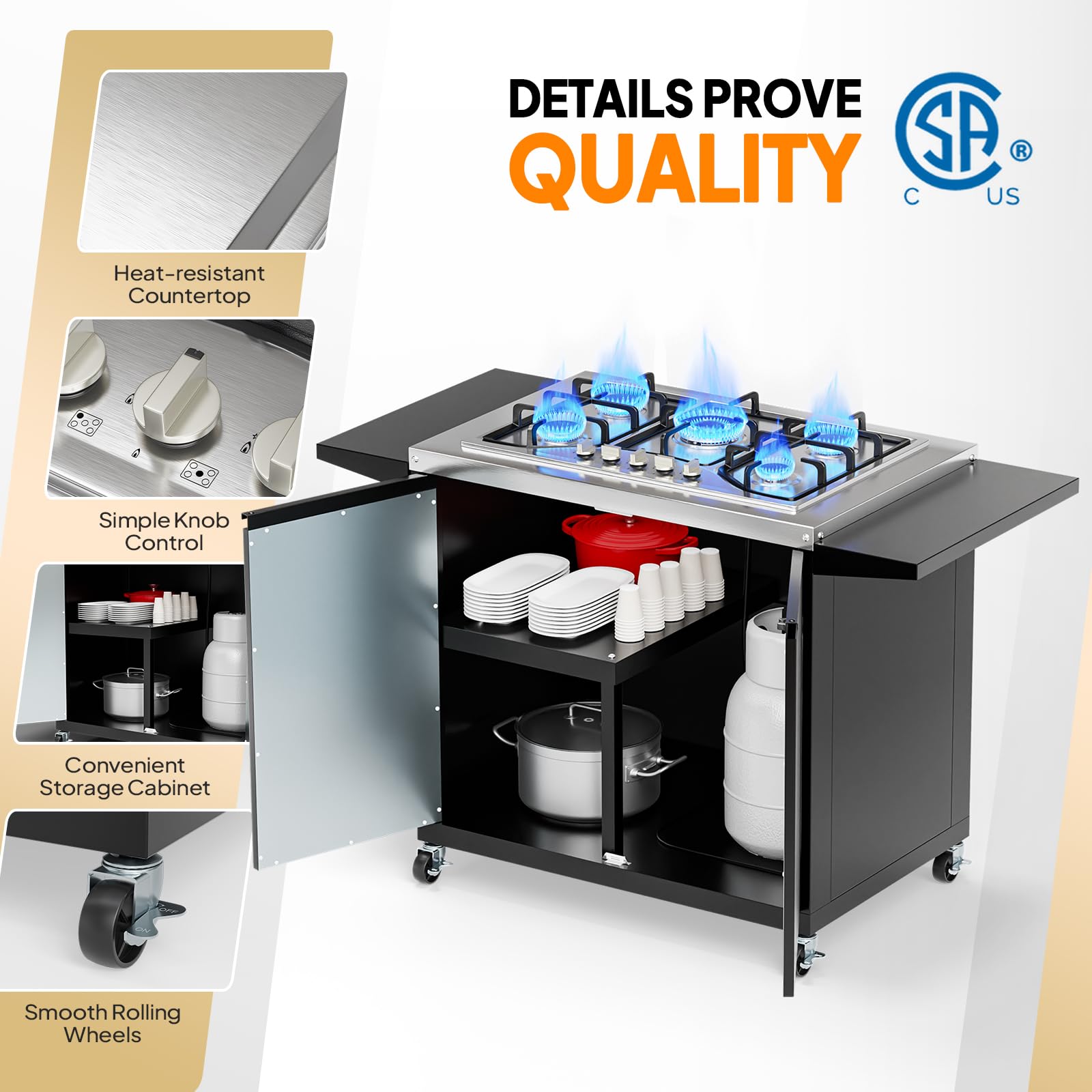 ROVSUN 5 Burner Propane Stove with Storage Cabinet & Side Shelves