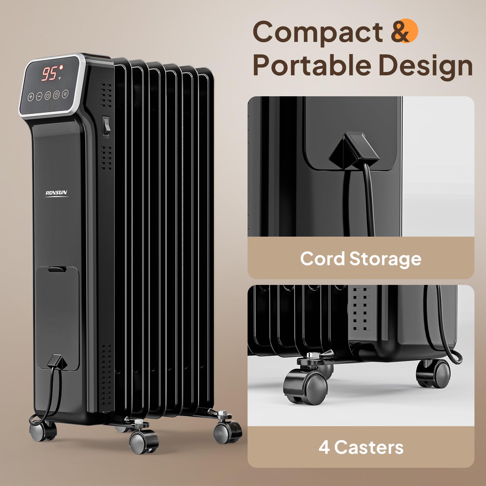 ROVSUN 1500W 120V Oil Filled Radiator Heater with Remote & APP Black