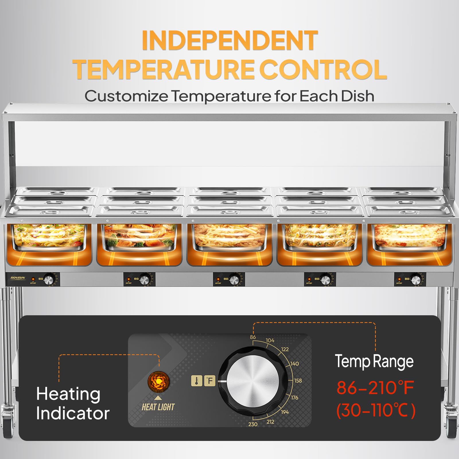 ROVSUN 120 QT 15-Pan Electric Steam Table with Independent Temp Control
