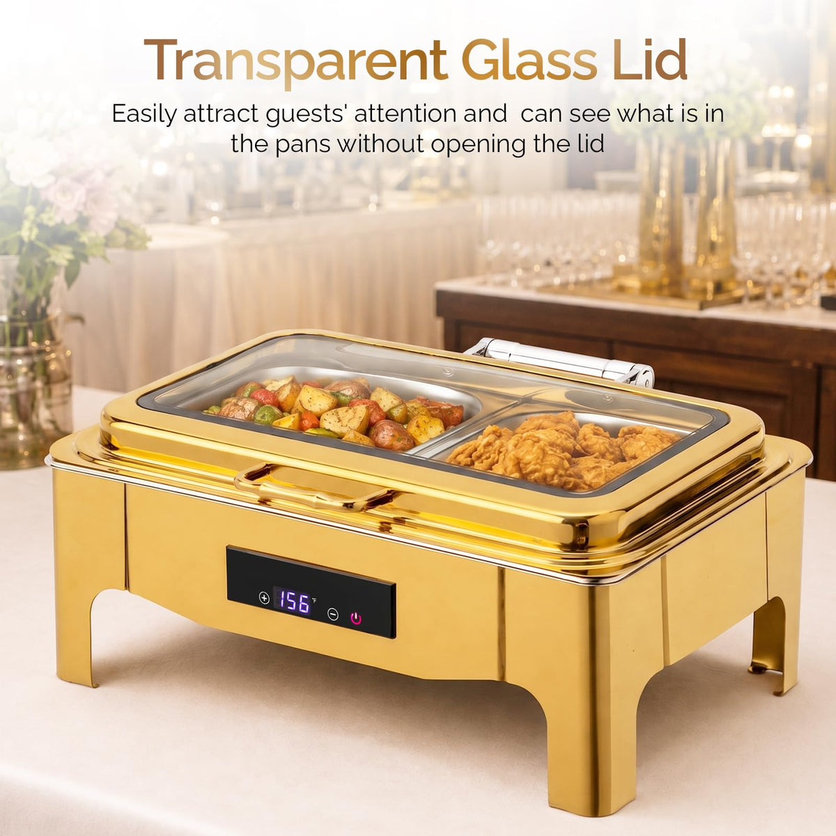 ROVSUN 9 QT Electric Gold Chafing Dish Buffet Set with Temp Display