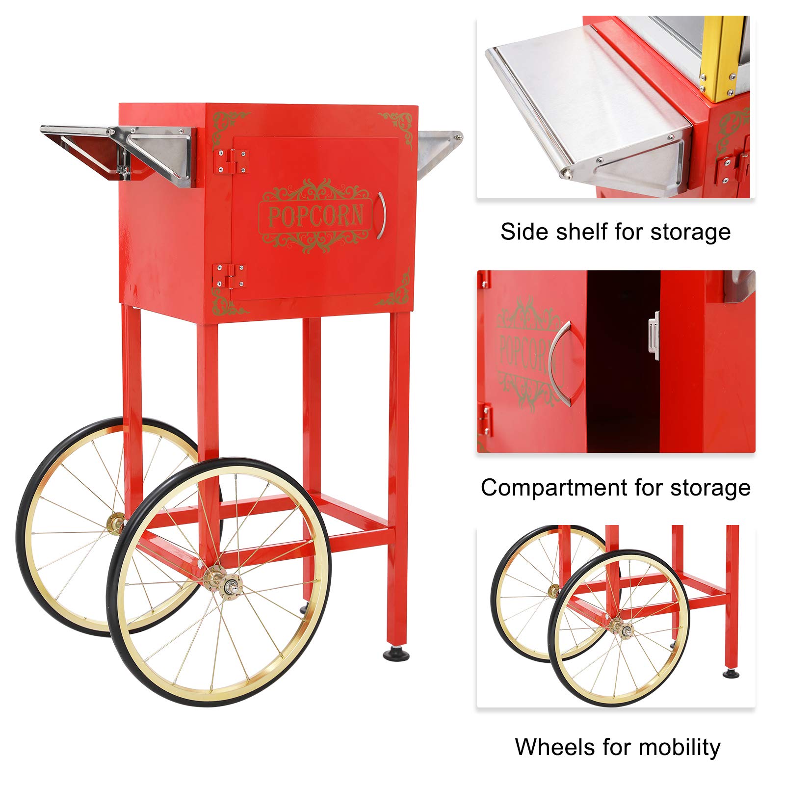 ROVSUN 8 oz. Kettle 850W 120V Popcorn Machine Maker Cart on Wheels Red