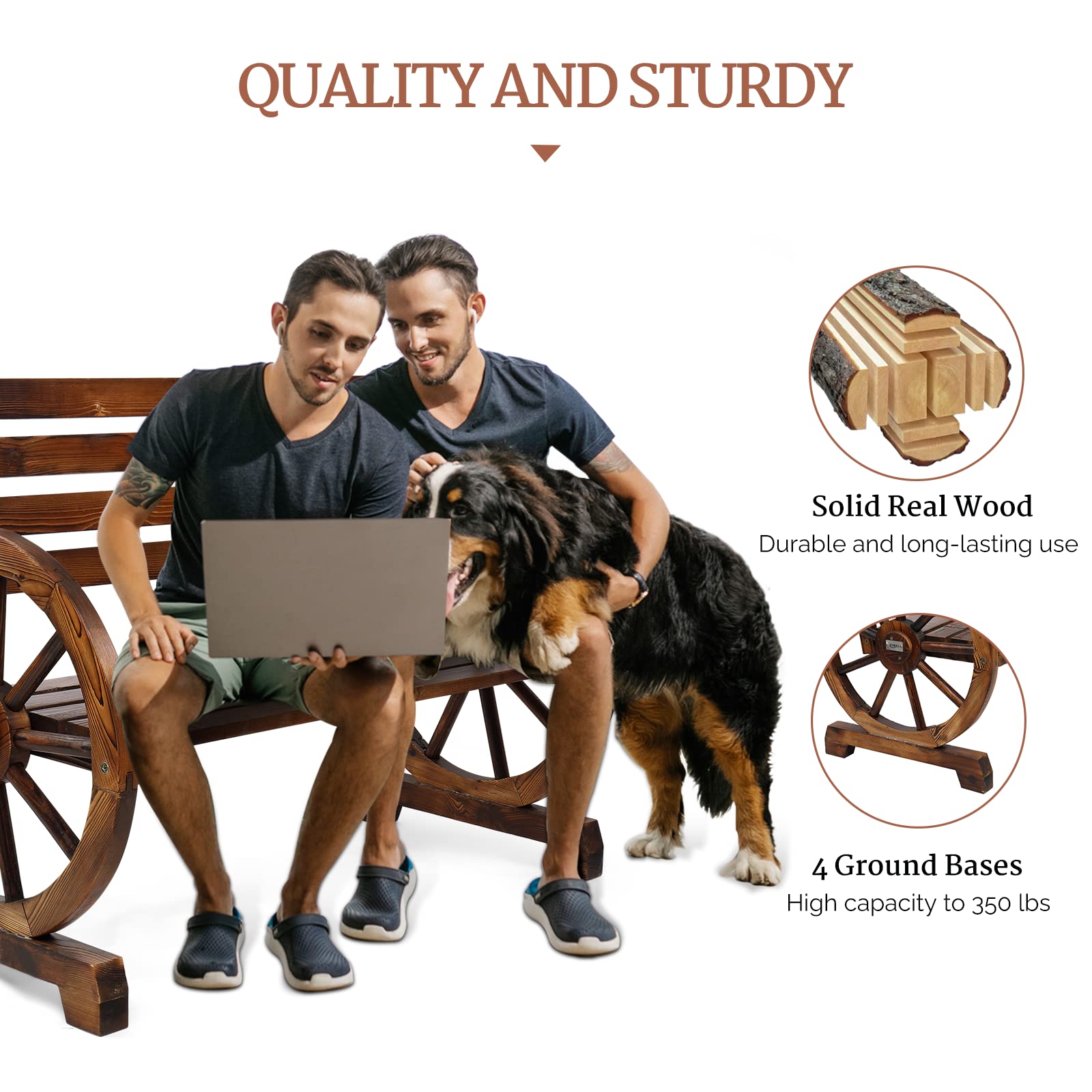 41" Outdoor Bench with Rustic Wooden Wheel